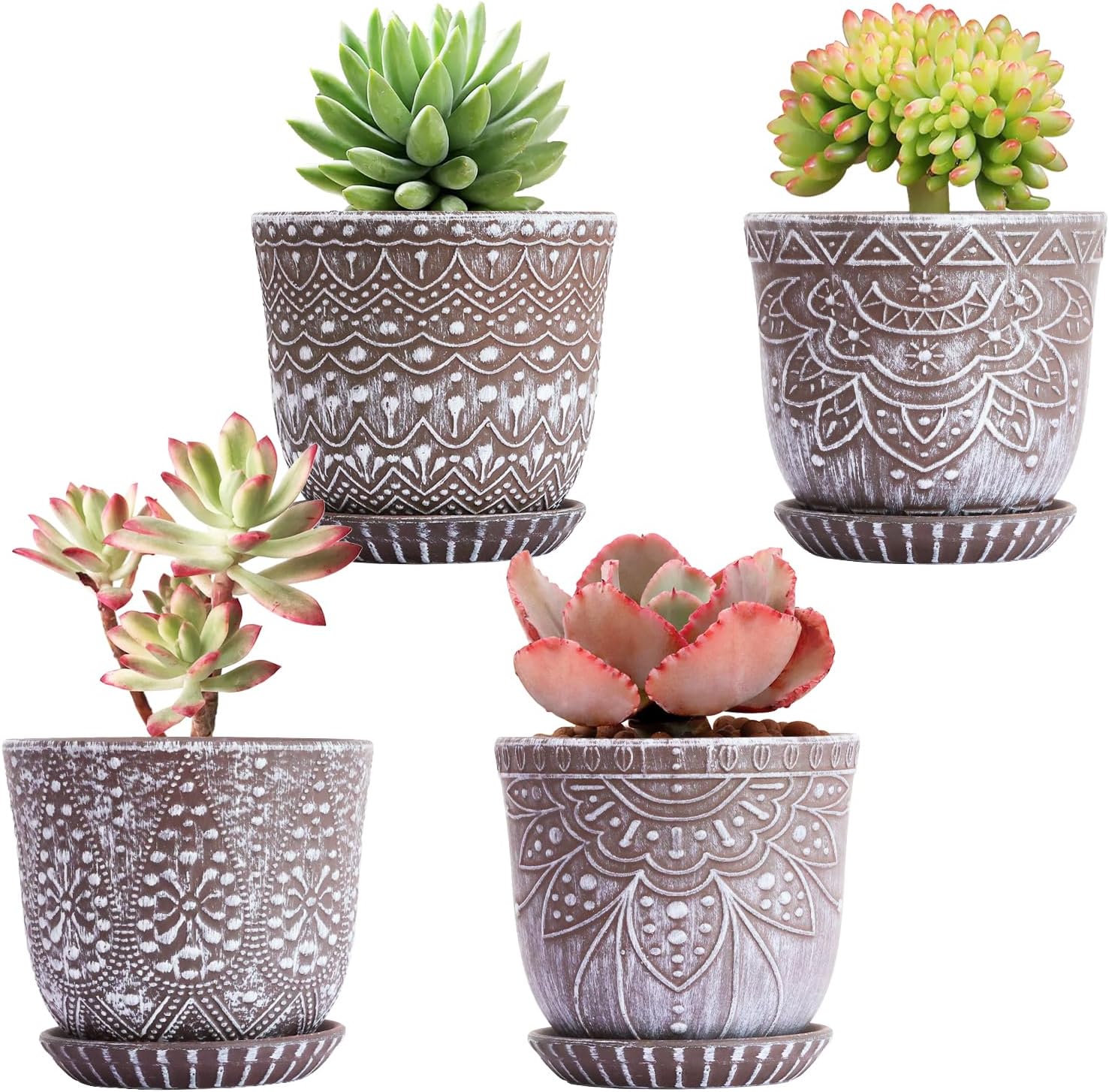 Macetas para suculentas, maceta pequeña de cerámica para interiores de 4 pulgadas con agujeros de drenaje y platillos para plantas, juego de 4