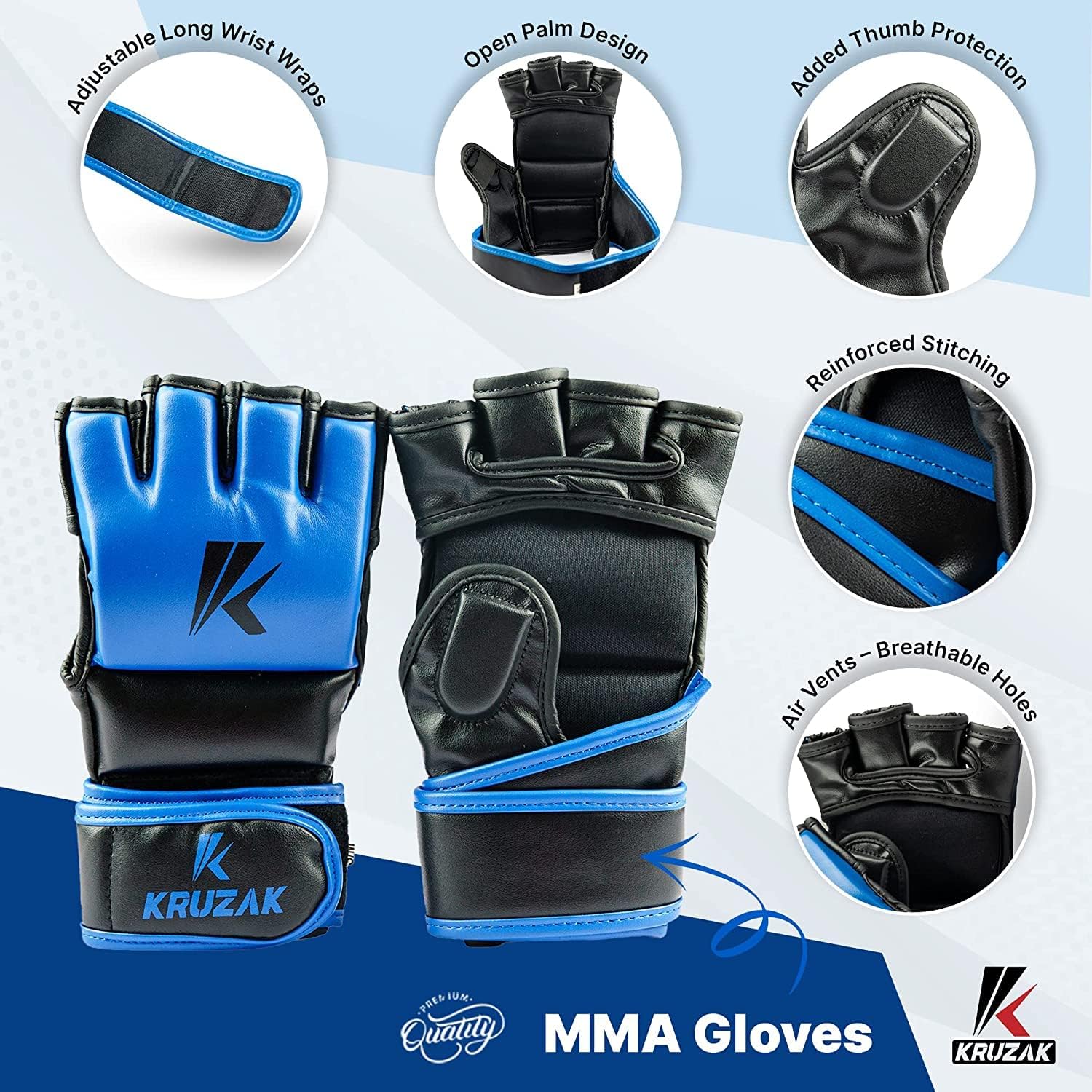 Kruzak – Guantes de boxeo de medio dedo, para hombres y mujeres, vendas de mano con palmas abiertas para grappling, kickboxing, sanda, sparring,