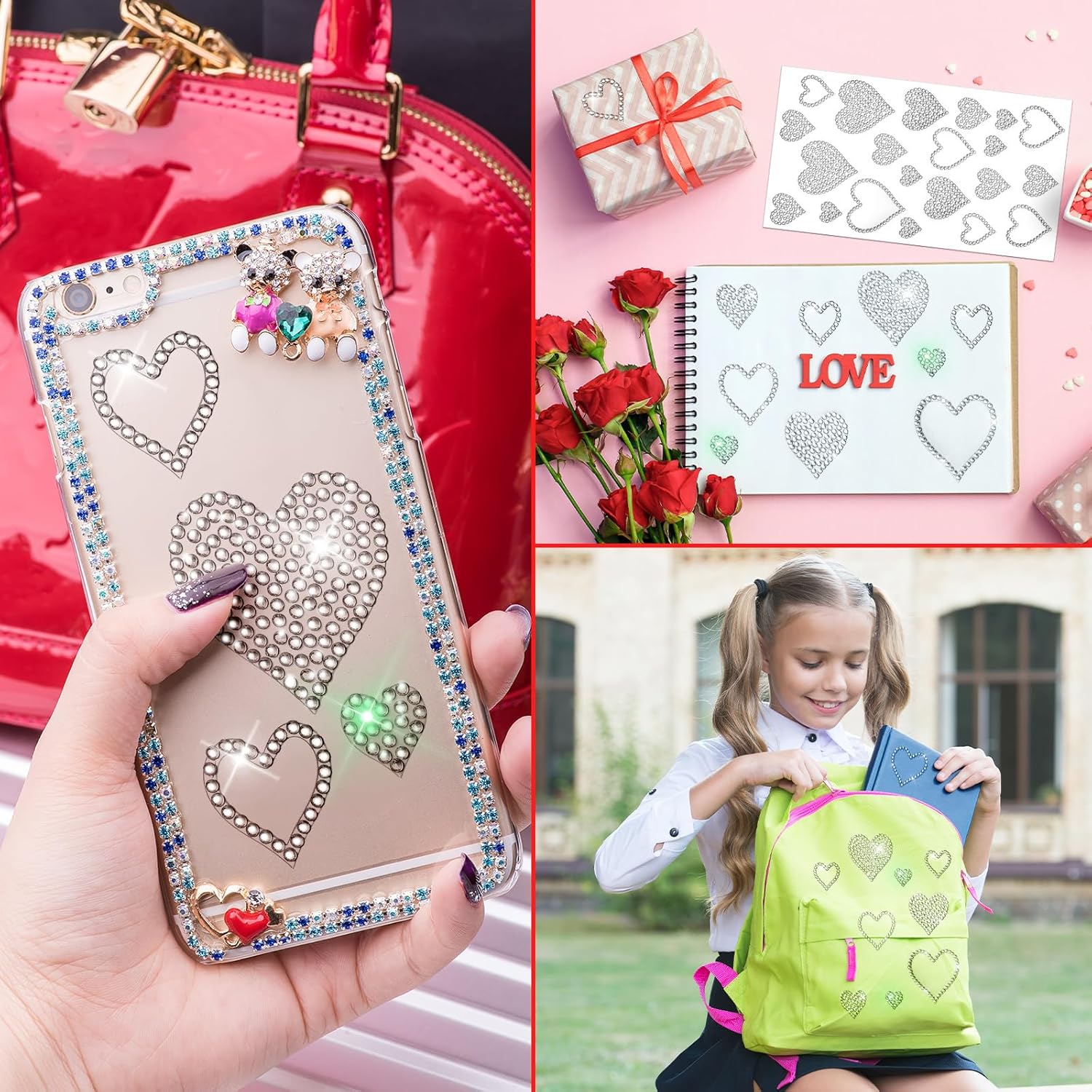 4 hojas autoadhesivas de corazón con purpurina y diamantes de imitación para el día de San Valentín, Navidad, decoración de manualidades, ventana de