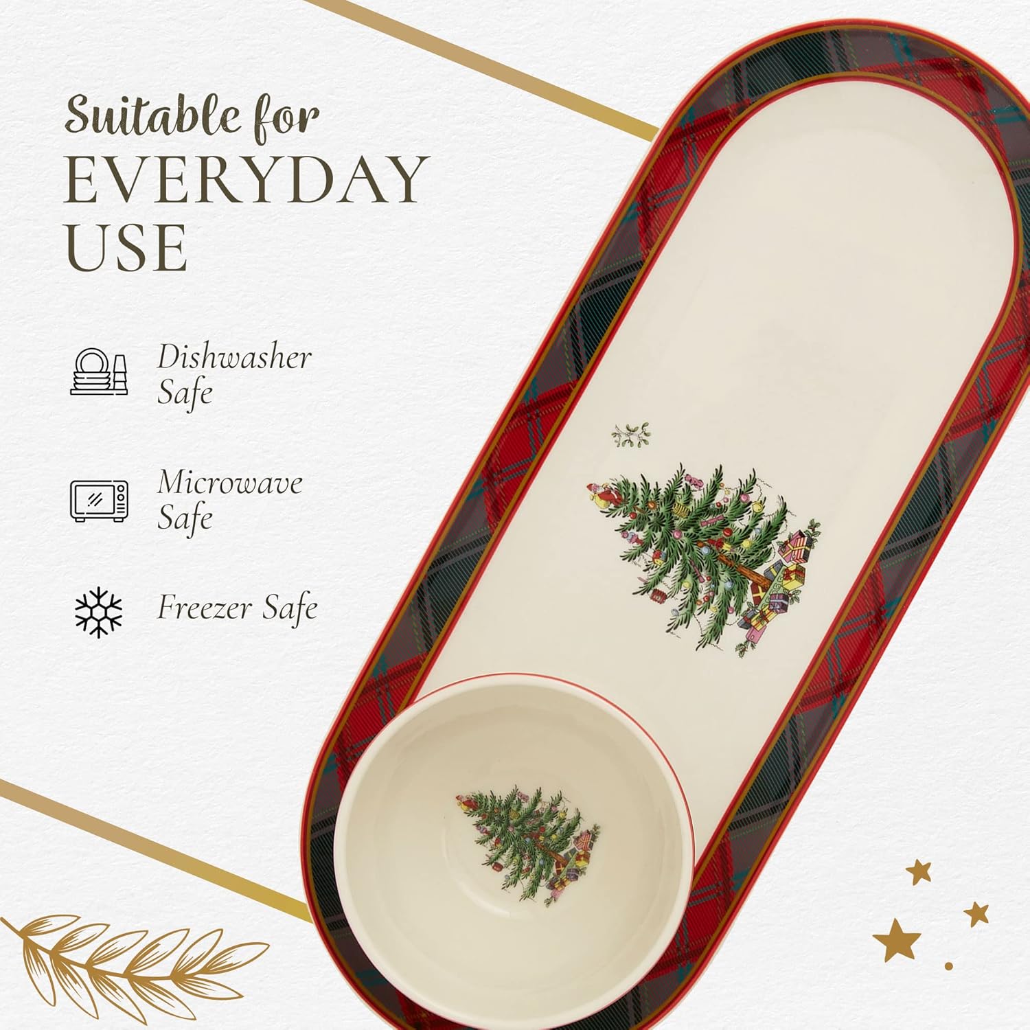 Spode Colección de árbol de Navidad  Tartán de 2 piezas para astillas y salsas, mide 13 pulgadas, hecho de loza fina, para salsas y aperitivos, apto