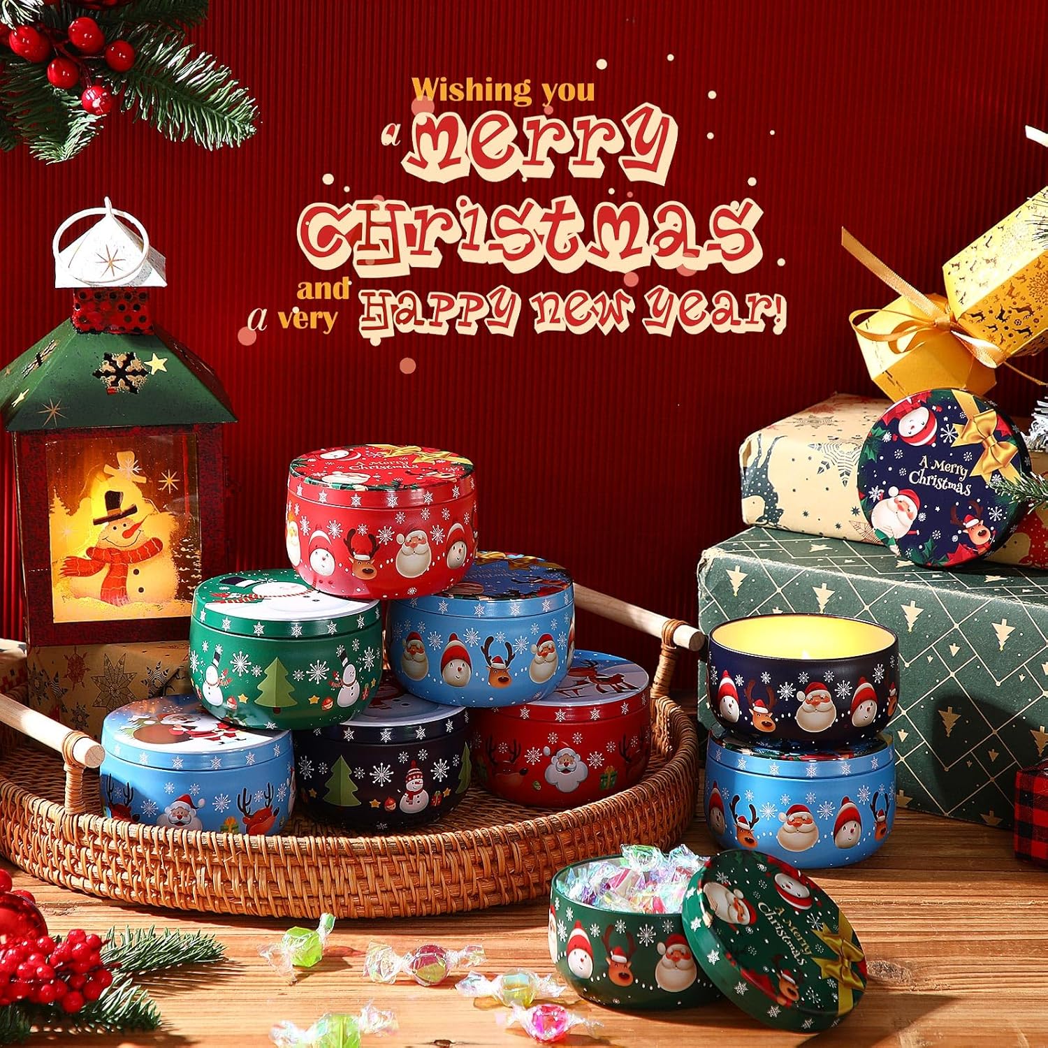 Mumufy 24 latas de galletas de Navidad, 8 estilos de hojalata de caramelos, latas retro, recipientes de almacenamiento de latas de metal para
