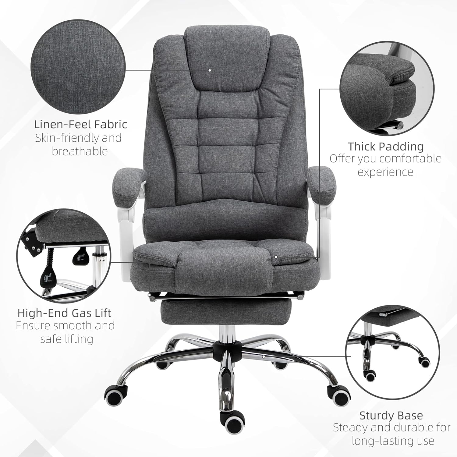Vinsetto Silla de oficina ejecutiva de respaldo alto con reposapiés, silla de computadora de tela de lino con reposabrazos acolchados, silla de