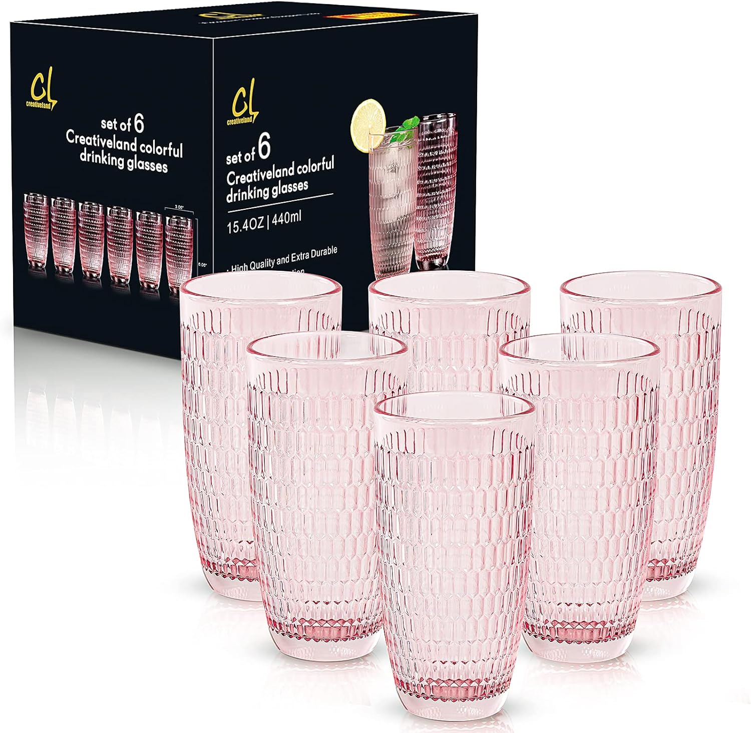 CREATIVELAND Highball – Juego de 6 vasos de bebida románticos de color rosa, base gruesa y pesada, gran capacidad, 14.87 onzas, vasos de vidrio para