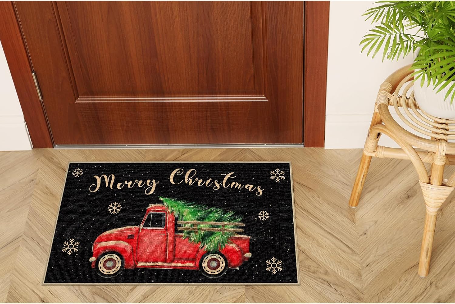 Tapete rojo para puerta de camión, antideslizante, árbol de Navidad, diseño de copos de nieve, decoración del hogar, 29 x 17 pulgadas, tapete de