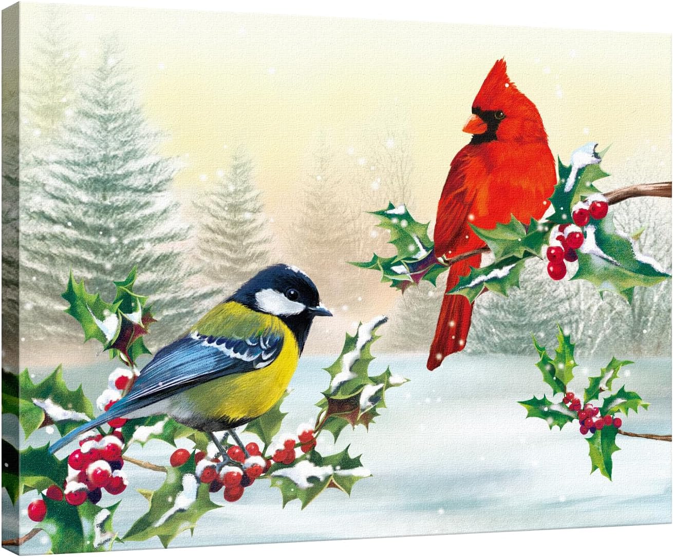 Louise Maelys Lienzo decorativo de invierno con marcos de madera de 12 x 16 pulgadas, póster de Navidad con obras de arte, impresiones de pájaros