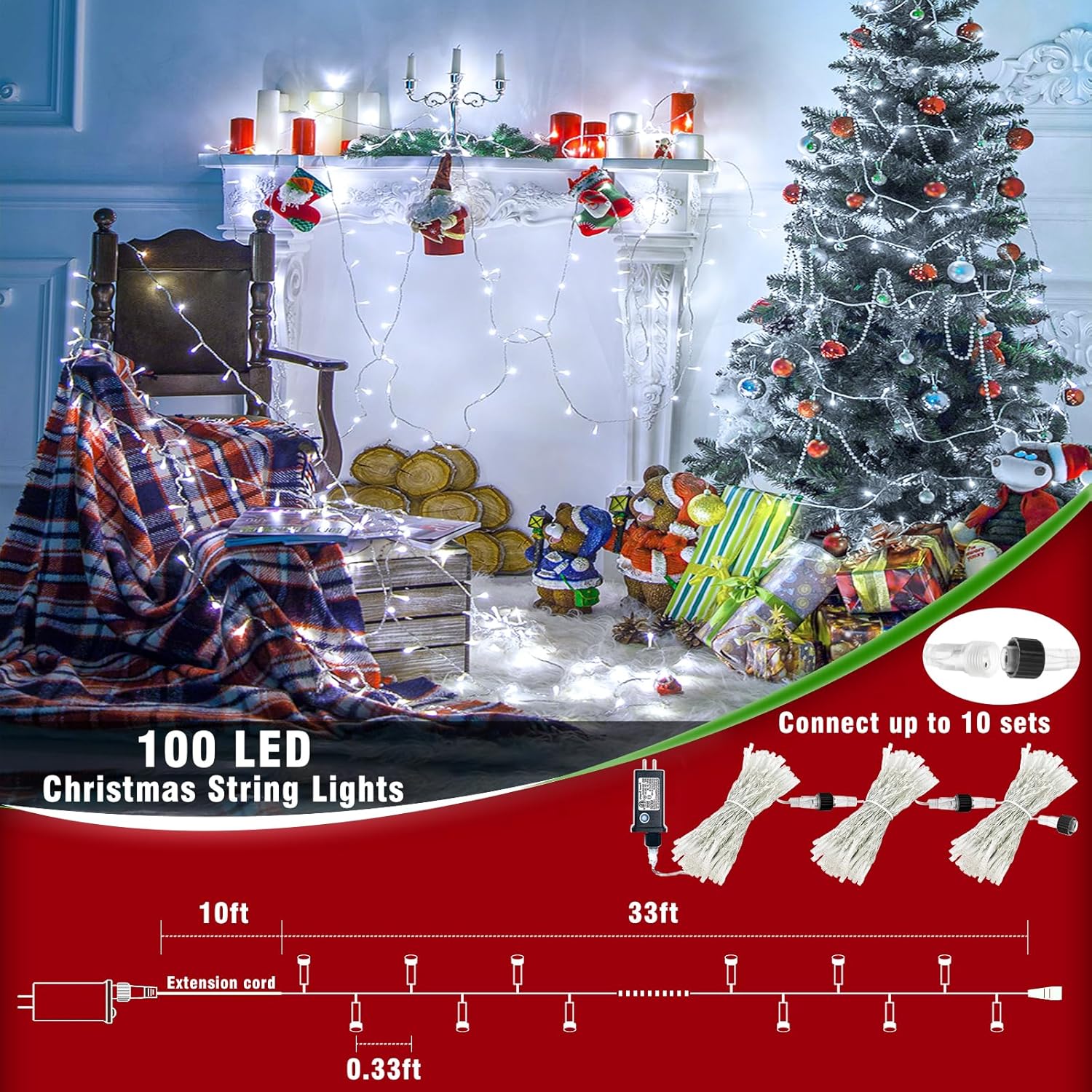 100 luces LED de Navidad de 33 pies para exteriores, 8 modos, tira de luces de Navidad con cable transparente con memoria de tiempo, tira de luces