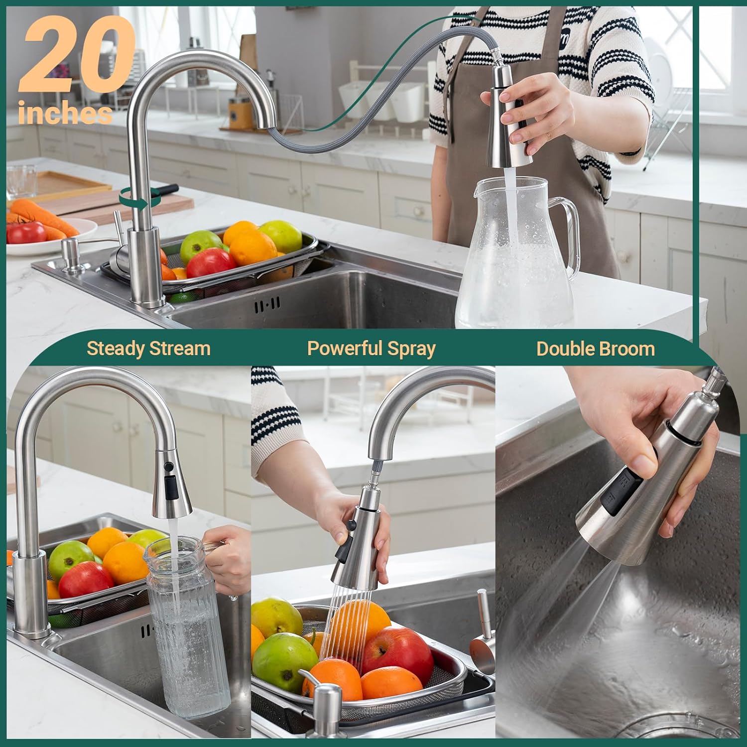 APPASO Grifo de cocina con dispensador de jabón, grifo de cocina de níquel cepillado con rociador desplegable (3 modos), acero inoxidable 304 de