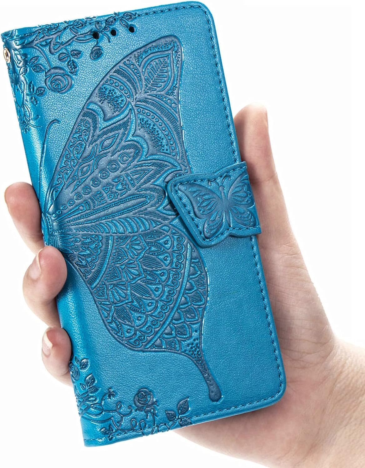 Funda tipo cartera para iPhone 15 Plus, con estampado de mariposas y flores en relieve, piel de primera calidad, con ranuras para tarjetas, funda