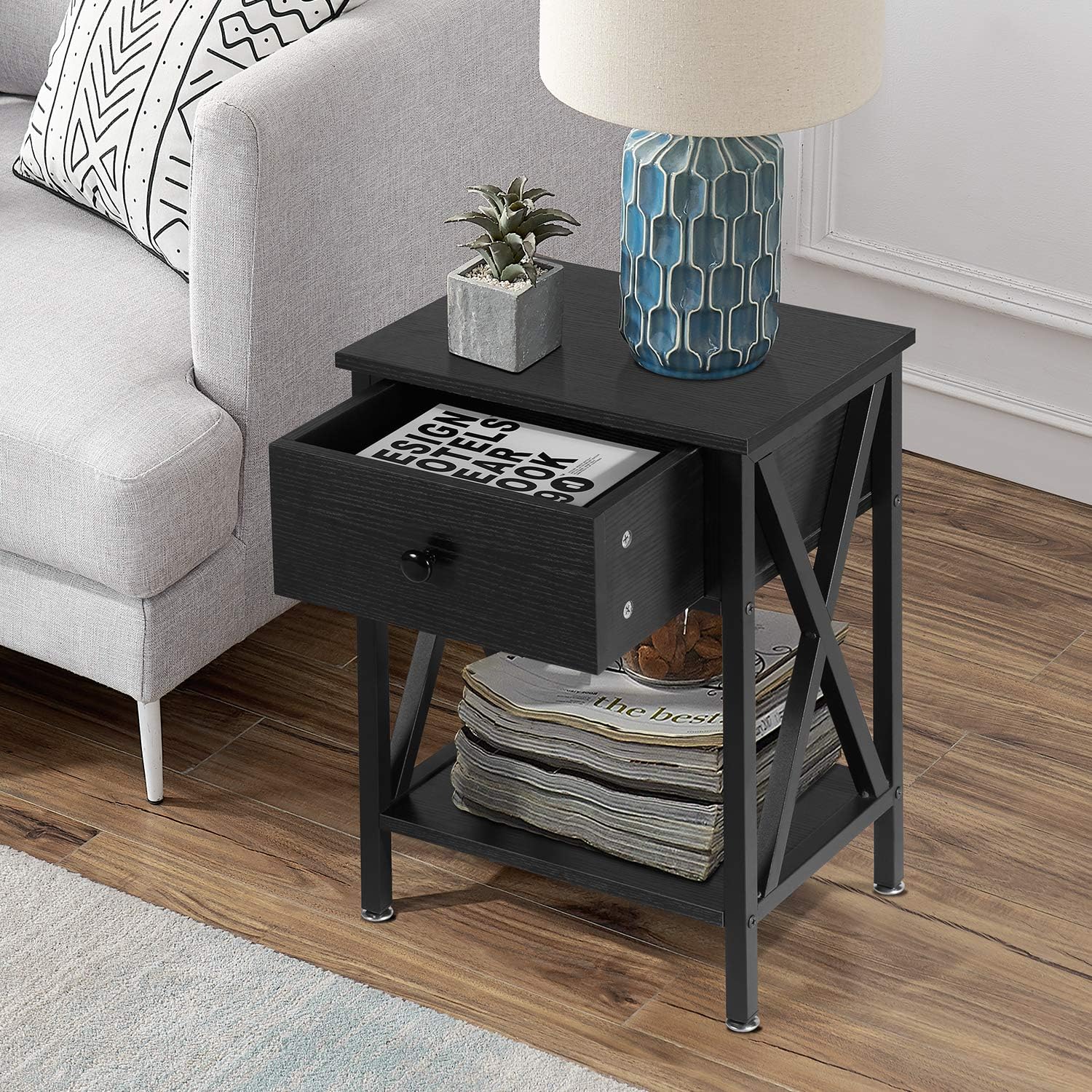 VECELO Mesa lateral con repisas Diseño en X Buró Mesa de noche Mueble versátil para sala de estar o dormitorio