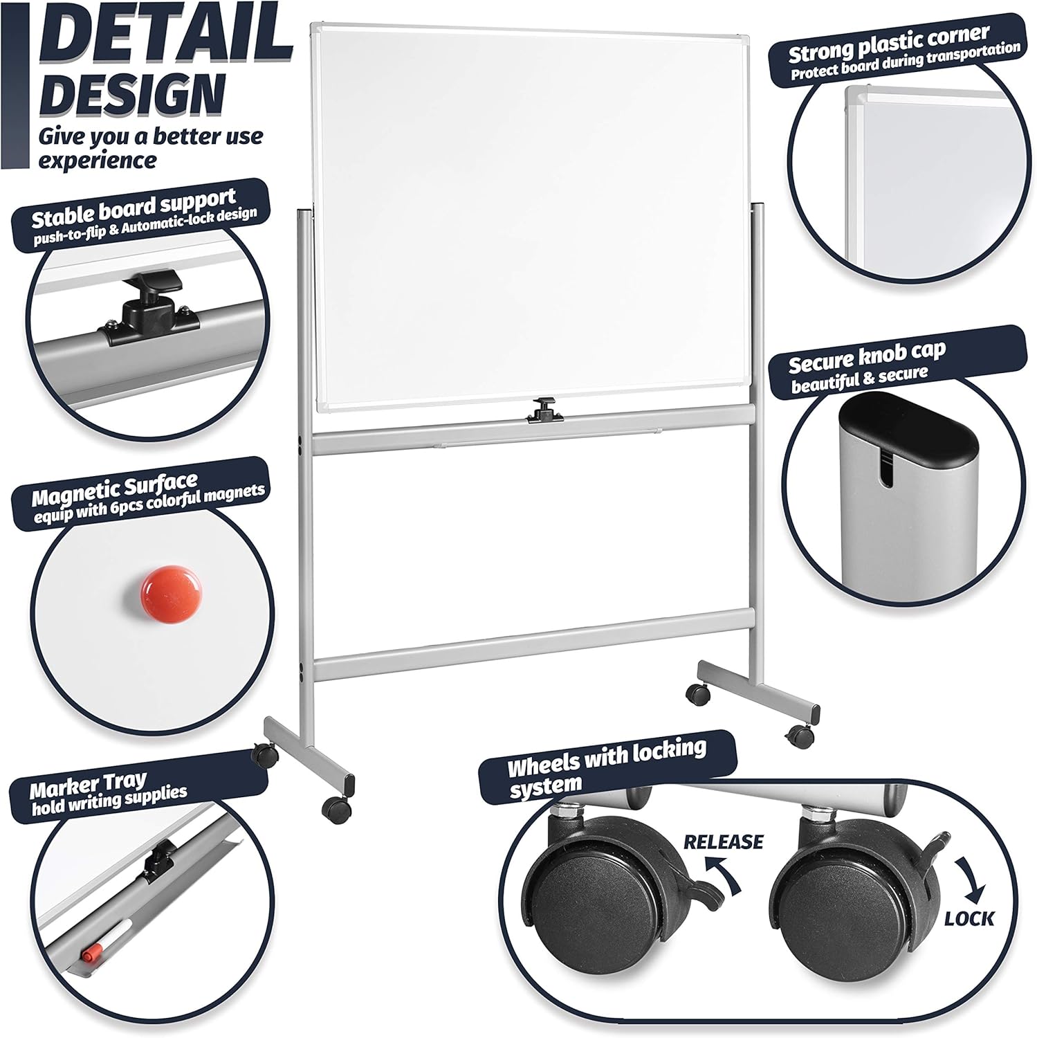 INNOVART Pizarra blanca móvil de 48 x 36 pulgadas, pizarra magnética de borrado en seco de doble cara reversible de 360 con soporte rodante portátil