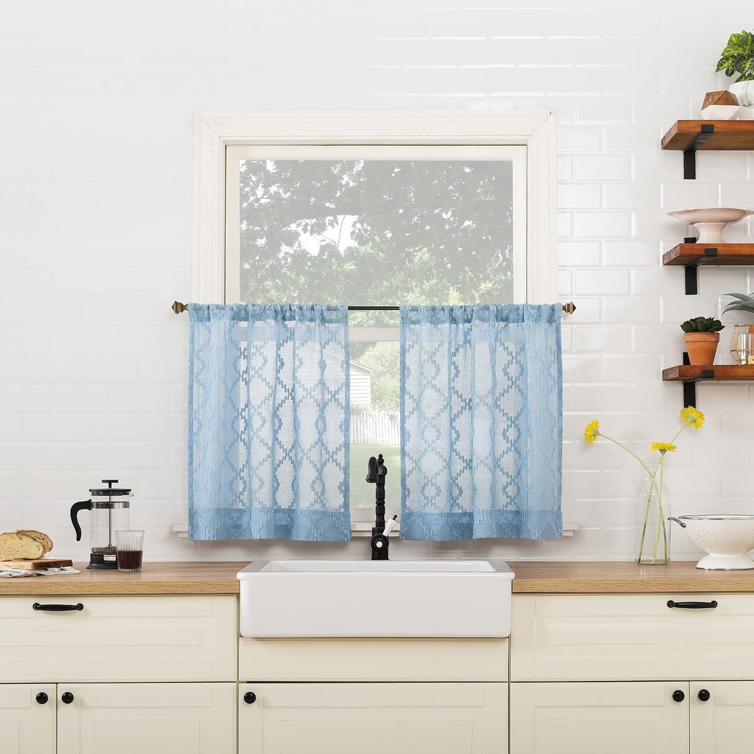 No. 918 Tina – Juego de cenefas y niveles de cortina de cocina semitransparentes con recortes geométricos, 54 x 36 pulgadas, azul tranquilo