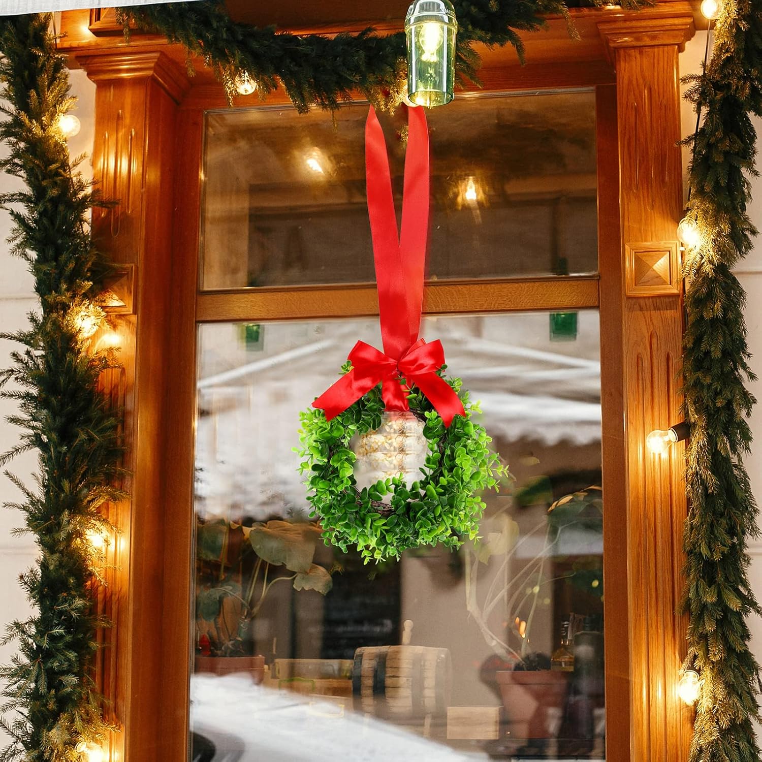 Coronas de Navidad con cinta para armarios de cocina, ventanas, puertas, paredes, juego de 6 pequeñas decoraciones de vegetación artificial