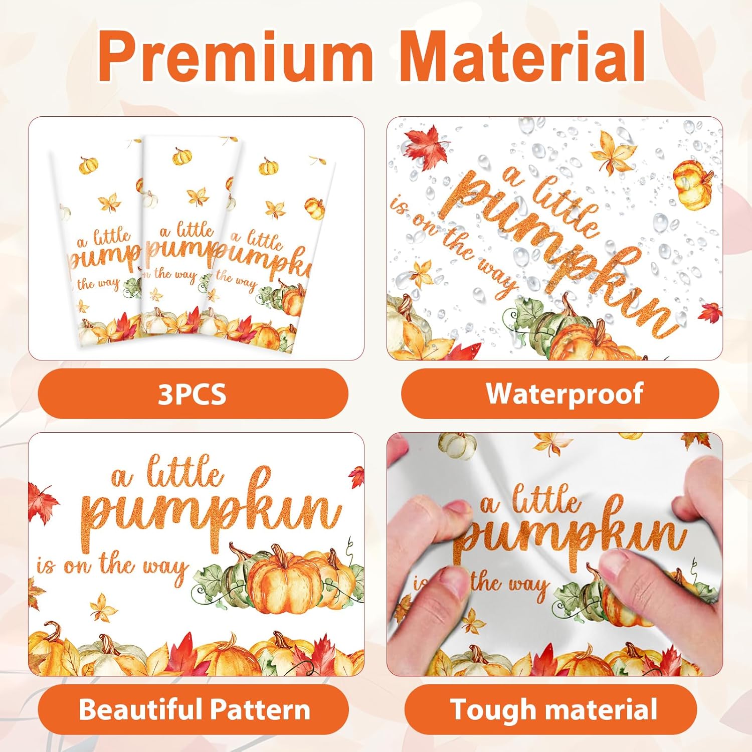 3 manteles de calabaza pequeña para decoración de fiesta de baby shower, con texto en inglés “A Little Pumpkin is On The Way” para baby shower,
