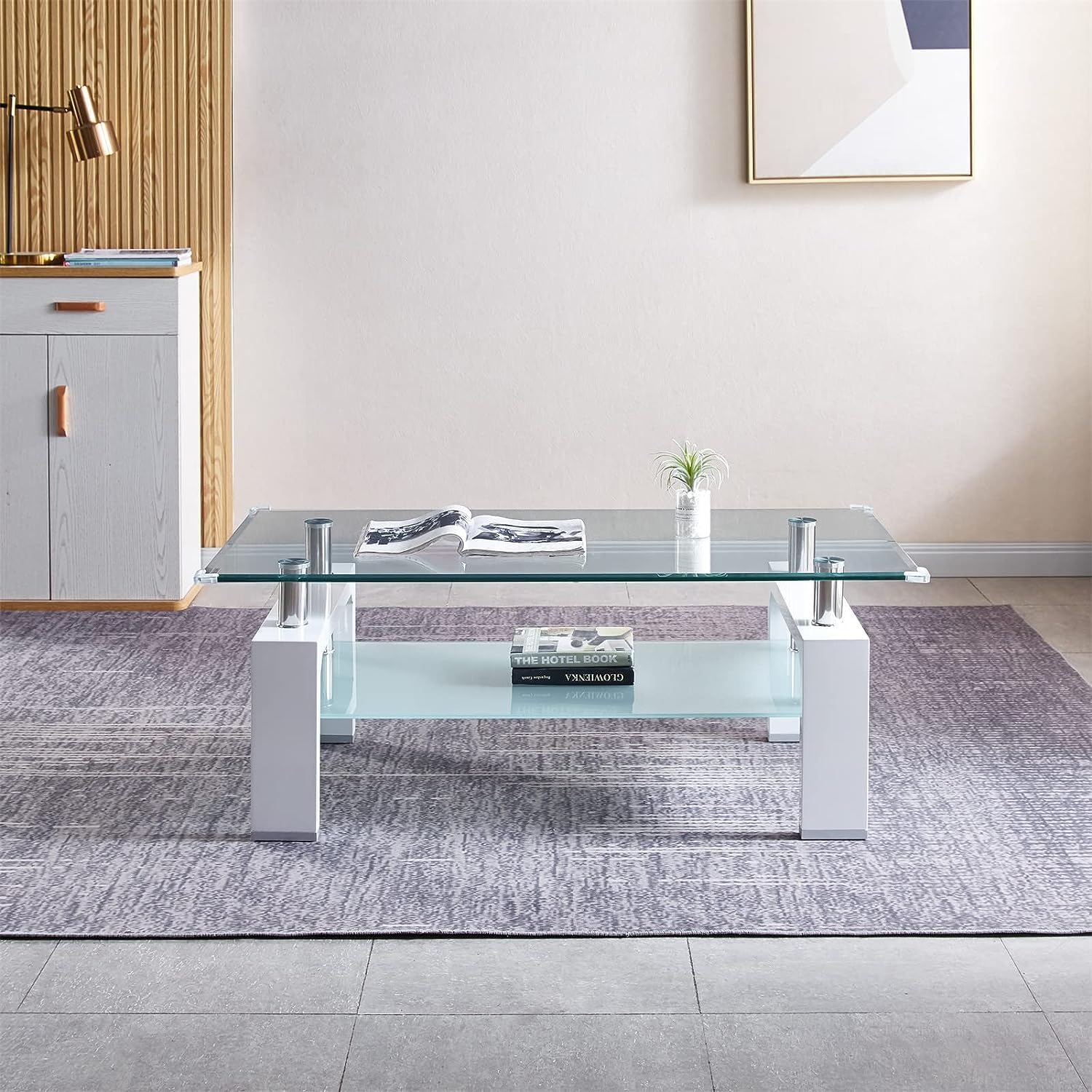 Mesa de centro rectangular de vidrio de 37 pulgadas, mesa de centro lateral blanca moderna con estante inferior, mesa de centro de doble capa con