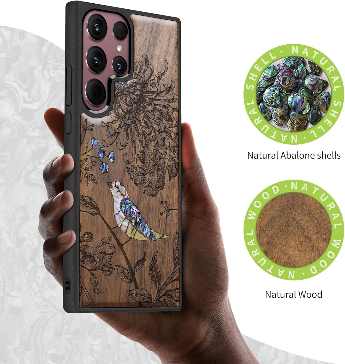 Carveit Funda de madera de diseñador para Samsung Galaxy S22 Ultra (grabado de madera e incrustaciones de carcasa) compatible con cargadores