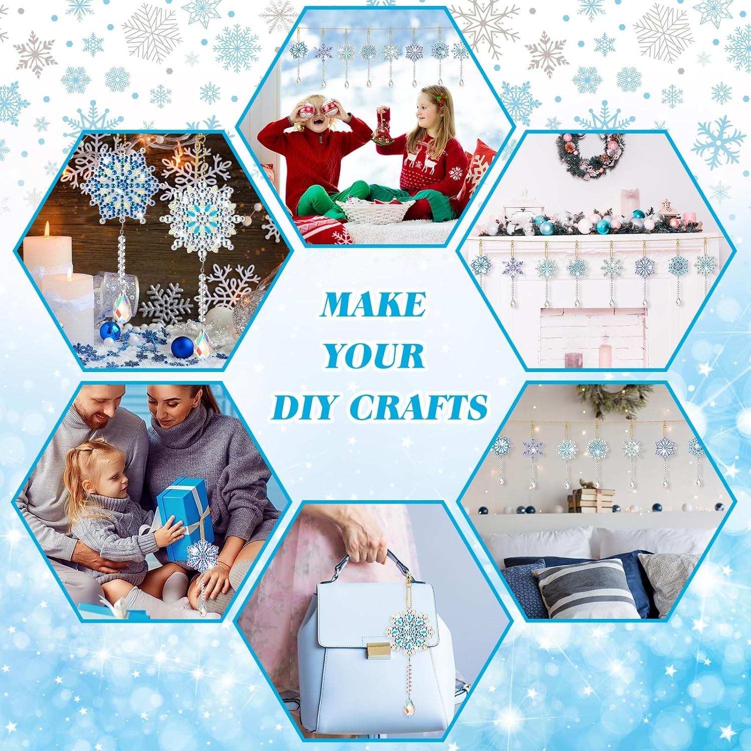 Chitidr 8 piezas de adornos de pintura de diamantes de invierno 5D DIY copos de nieve arte de diamantes campanas de viento copo de nieve colgantes