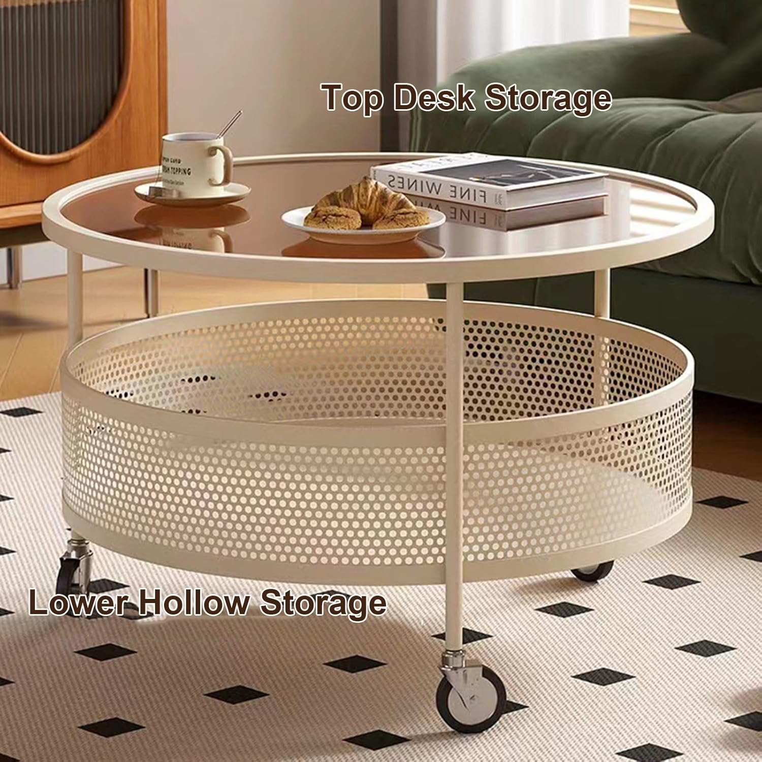 Mesa de centro de cristal con ruedas giratorias, mesa de té redonda de 2 niveles con cesta de almacenamiento hueca de hierro, moderna mesa central
