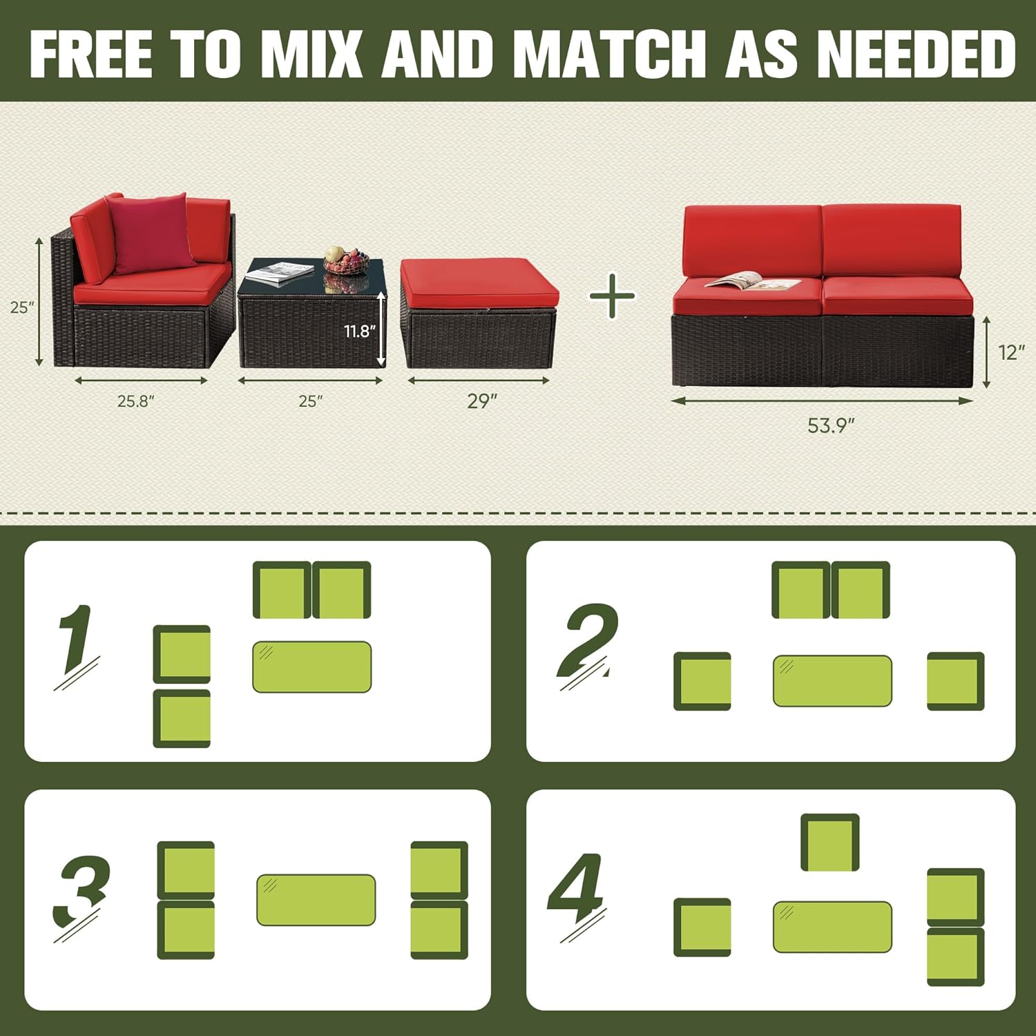 Greesum Juego de 2 piezas de muebles de mimbre de ratán para patio, sofá al aire libre con cojines, almohadas y mesa de cristal para porche, césped