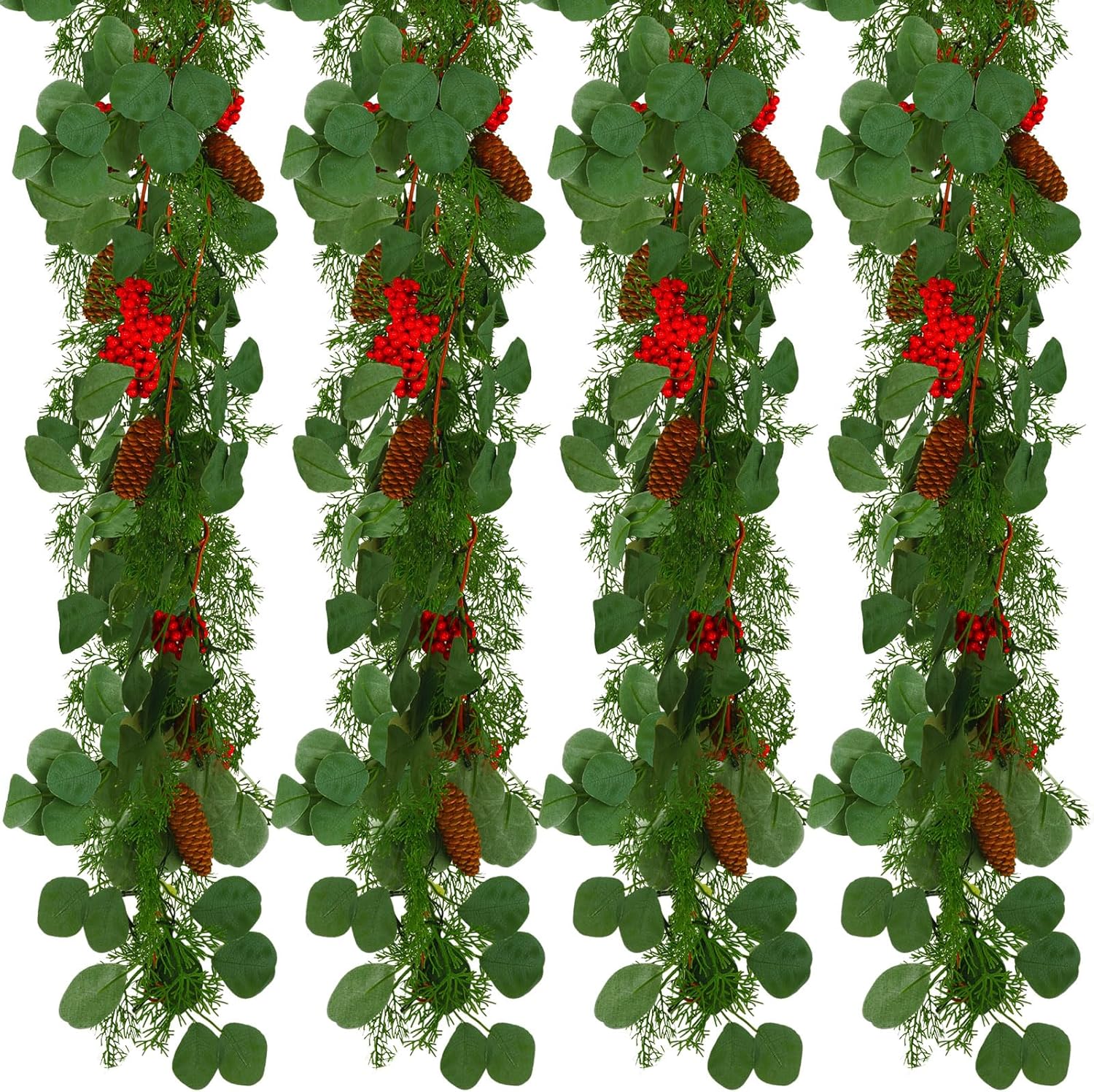 4 guirnaldas de Navidad de 6.5 pies, guirnalda colgante de ciprés de pino con bayas rojas artificiales, guirnalda de manto verde de Navidad para
