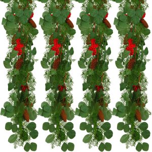 4 guirnaldas de Navidad de 6.5 pies, guirnalda colgante de ciprés de pino con bayas rojas artificiales, guirnalda de manto verde de Navidad para 4 guirnaldas de Navidad de 6.5 pies, guirnalda colgante de ciprés de pino con bayas rojas artificiales, guirnalda de manto verde de Navidad para