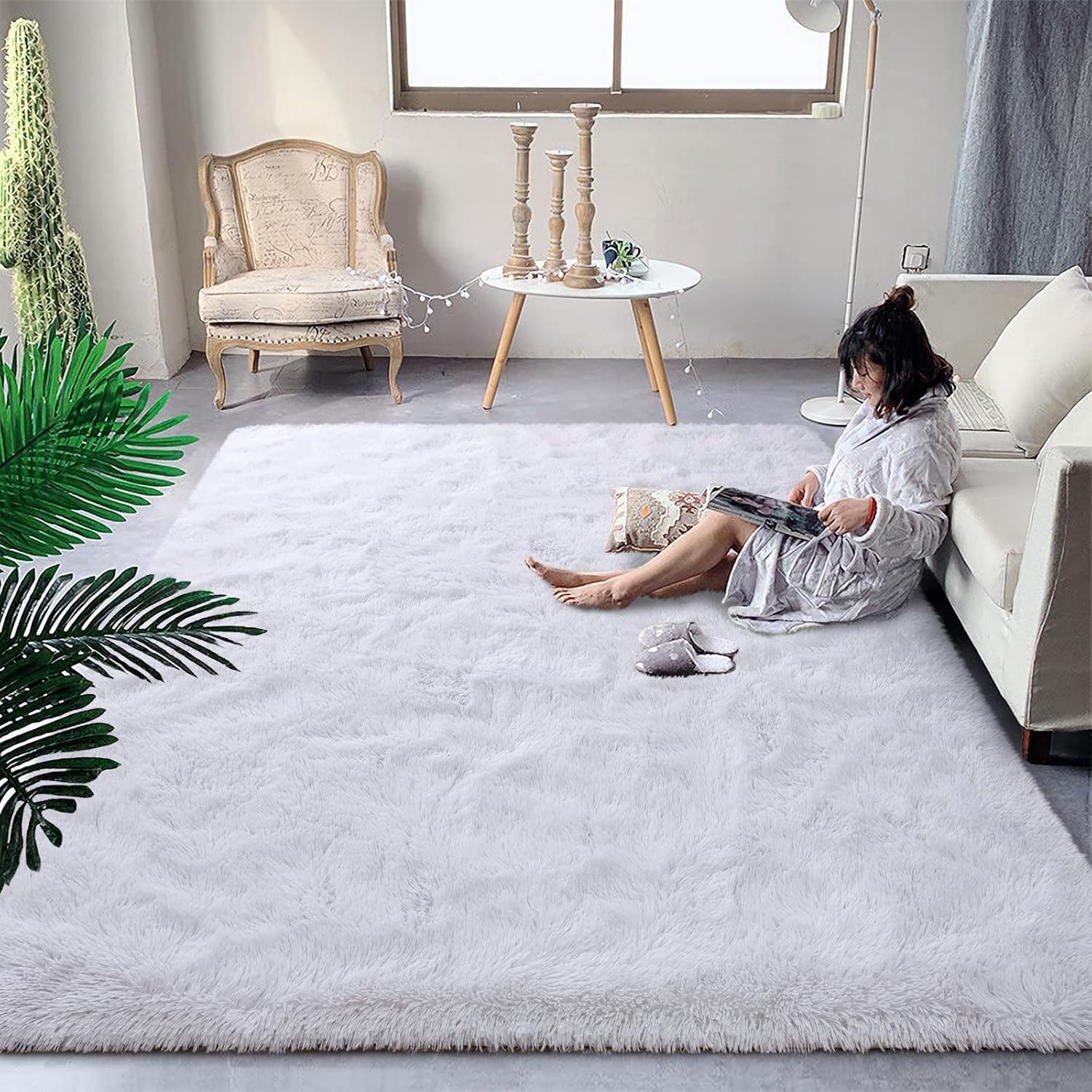 DweIke – Alfombra mullida y esponjosa de felpa blanca de 8 x 10 pies, para sala de estar, dormitorio, alfombras suaves para habitación de niños y