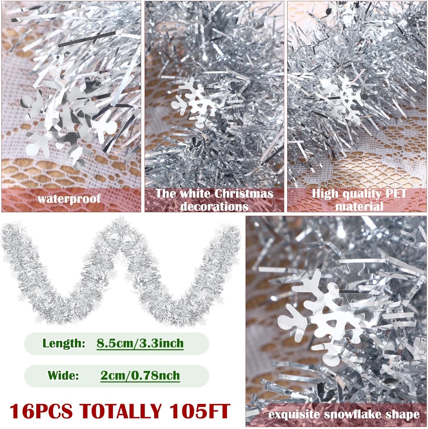 Guirnalda de oropel de copo de nieve de Navidad de 105 pies, guirnalda metálica torcida, decoración de Navidad, guirnalda de oropel de papel de