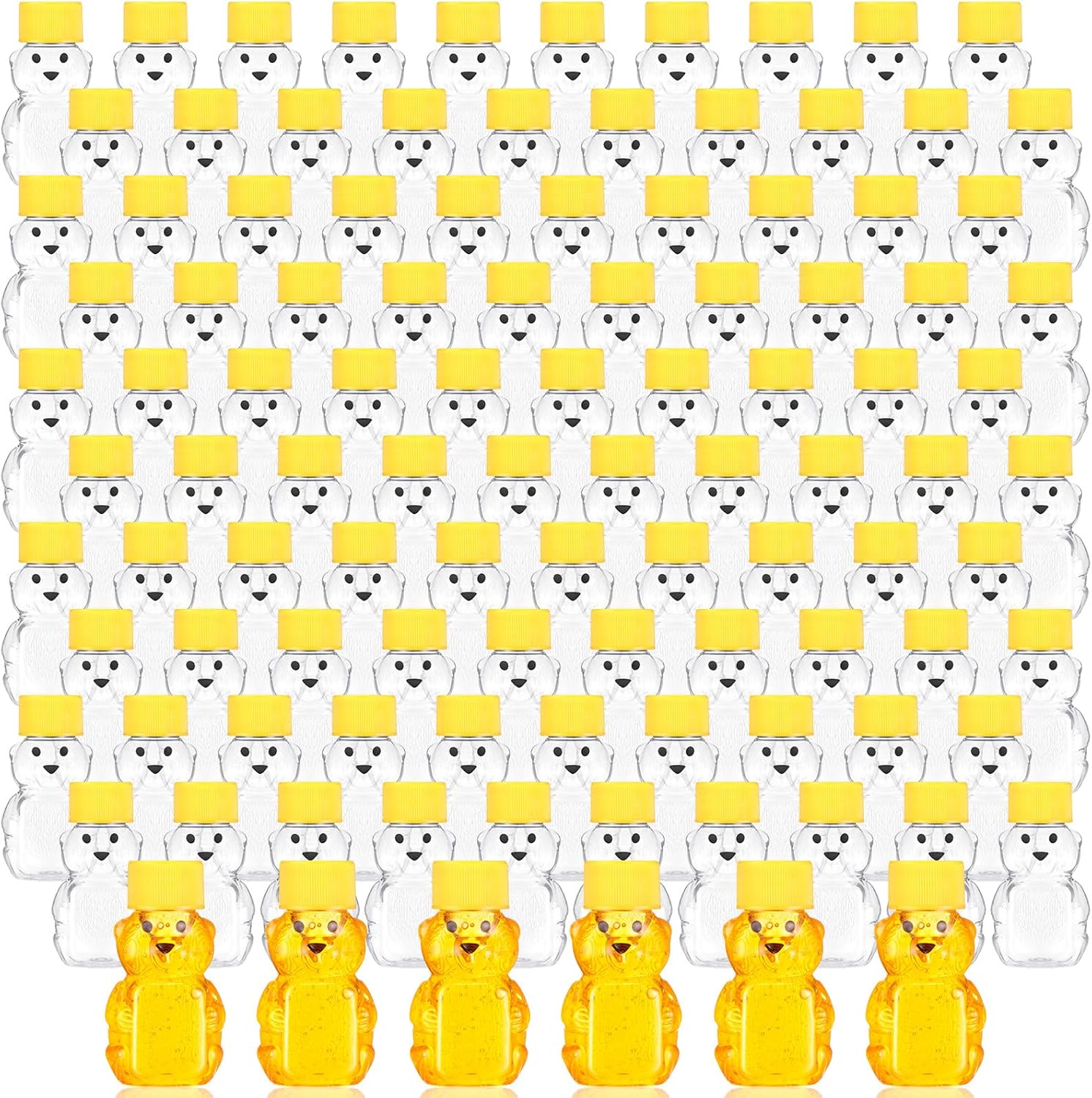 Patelai 96 botellas de plástico de 2 onzas con forma de oso de miel transparente con forma de oso, dispensador de miel vacío con tapa, tarros de