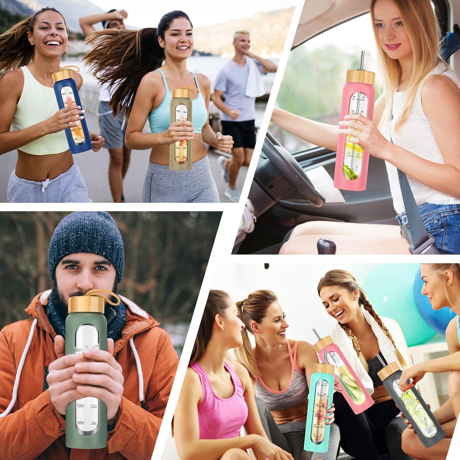 Botellas de agua de vidrio de 32 onzas con popote, botella de agua de vidrio motivacional con marcador de tiempo y funda de silicona, vaso de vidrio