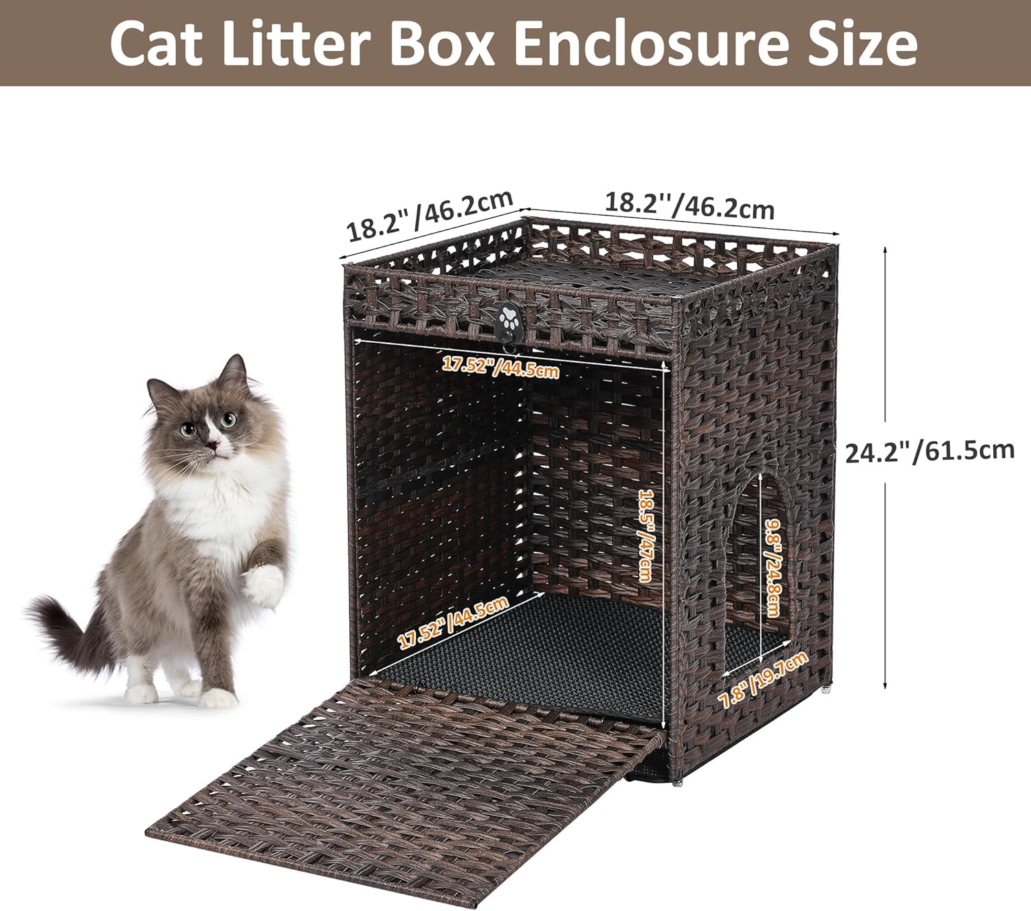 Caja de arena para gatos con alfombrilla de arena suave muebles ocultos de baño para gatos con puerta casa de gato de ratán tejida a mano jaula para
