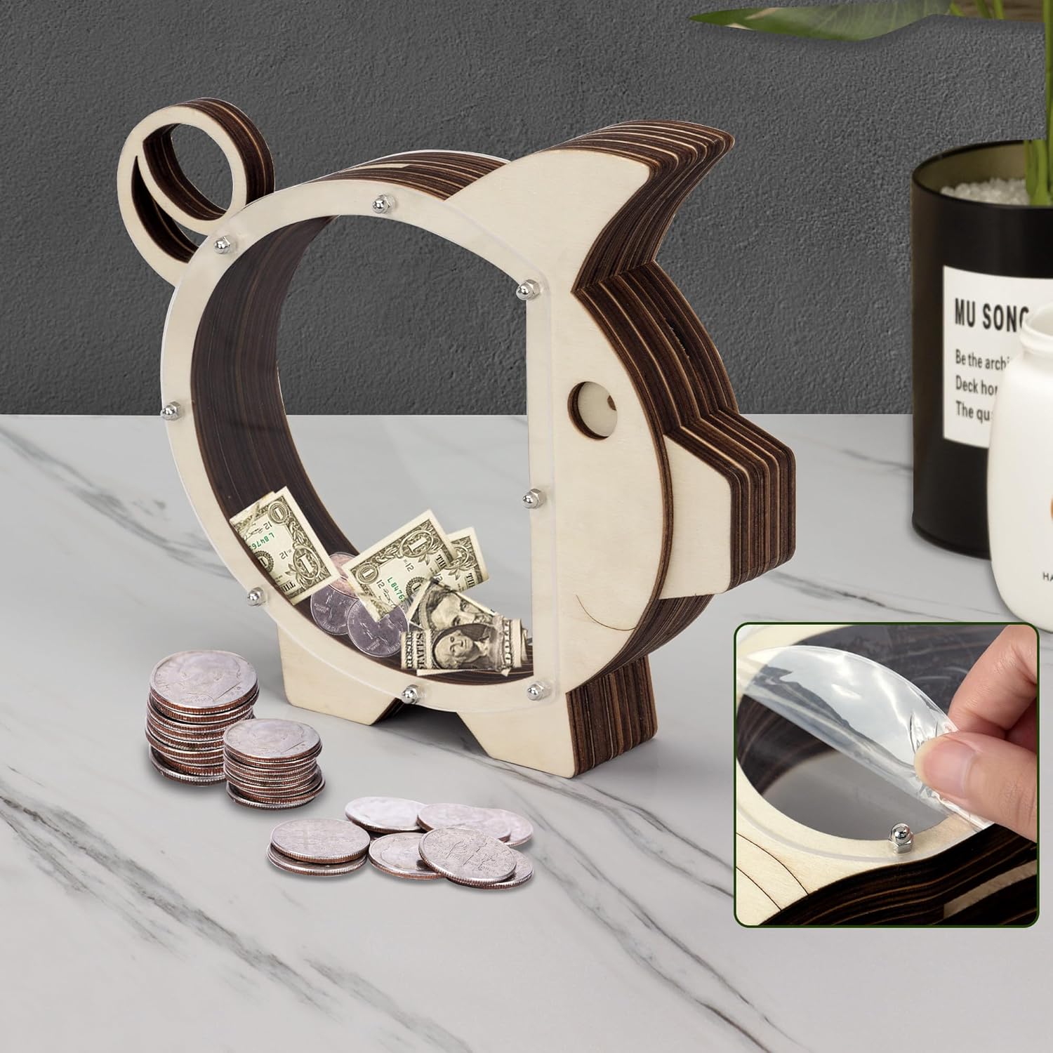 Alcancía de madera Boalord para niños, niñas, niños y adultos, transparente, dinero real, monedero, regalos para niños pequeños