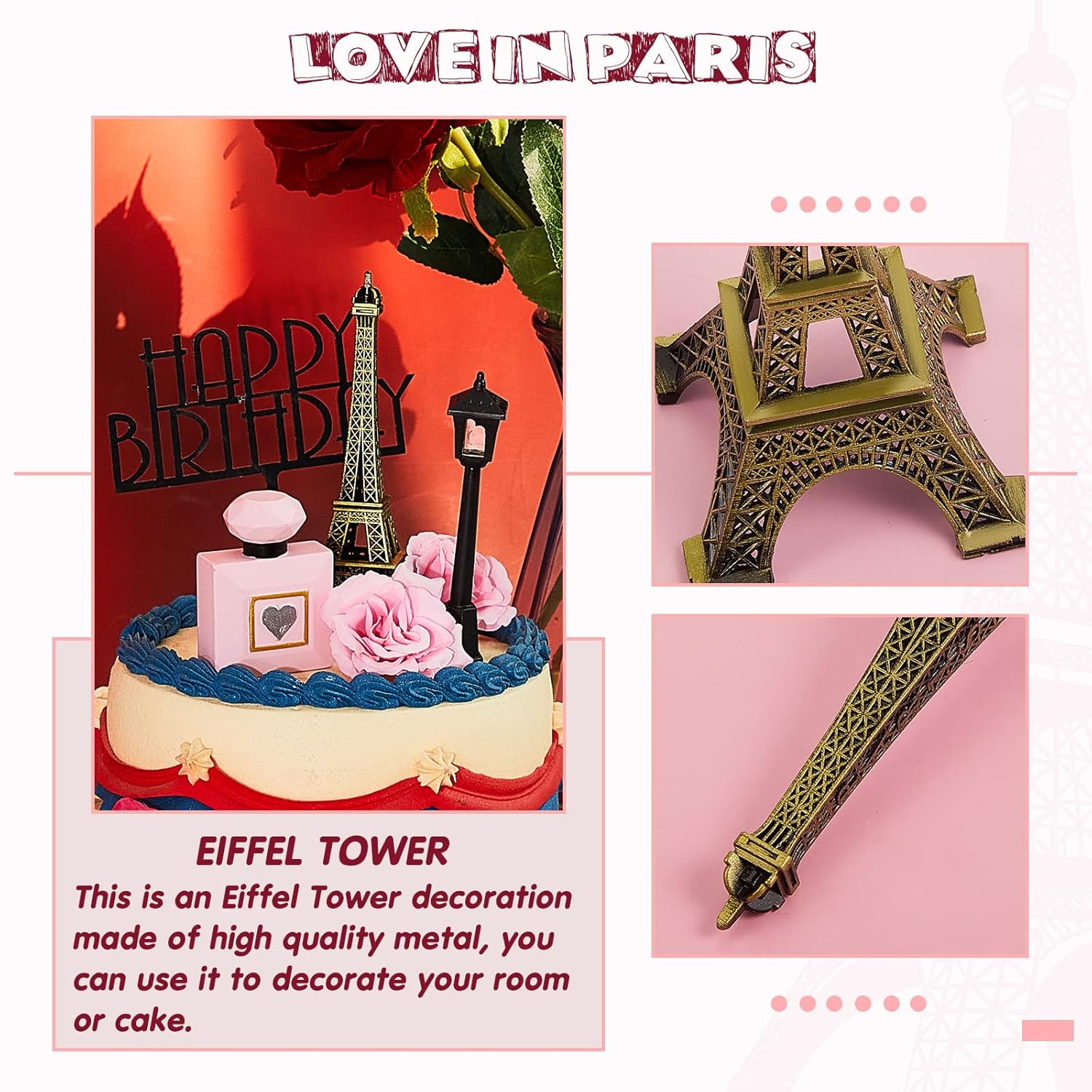 8 piezas de decoración de pastel de París Torre Eiffel con decoración de pastel de feliz cumpleaños, lámpara de calle, torre Eiffel de 7 pulgadas,