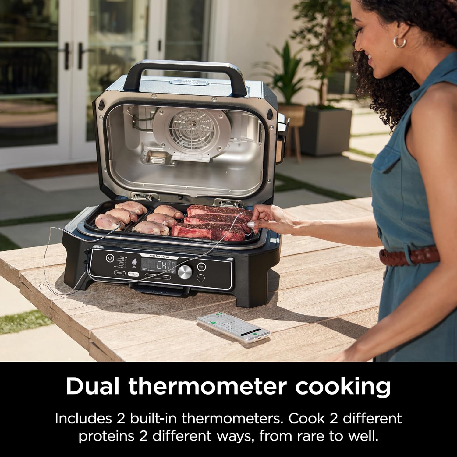 Ninja OG951 Woodfire Pro Connect Premium XL – Parrilla y ahumador para exteriores, Bluetooth, habilitado para aplicaciones, parrilla principal 7 en