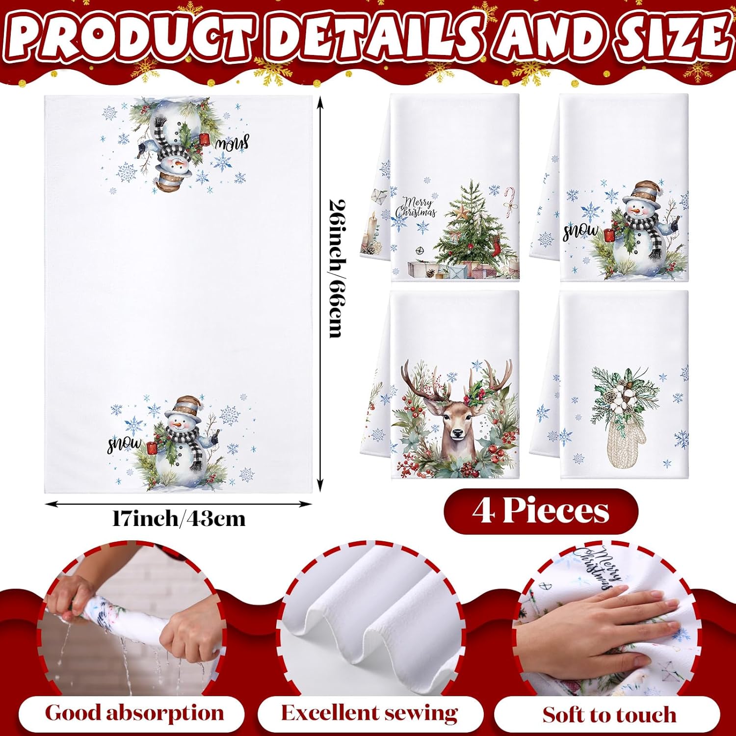 Juego de 4 toallas de cocina de Navidad de 17 x 26 pulgadas, absorbentes de Navidad, árbol de Navidad, copo de nieve, muñeco de nieve, toalla de