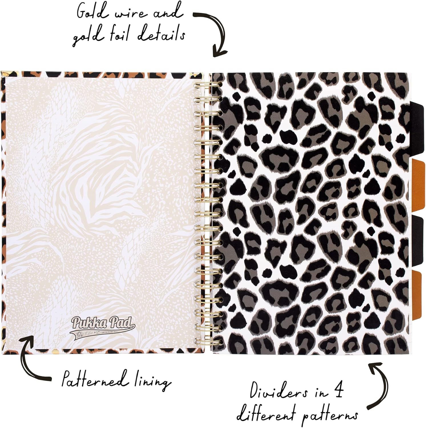 Pukka Pad, Wild B5 – Libros de proyectos de tapa dura, paquete de 2 cuadernos encuadernados con diseño de cebra y leopardo, incluye 4 divisores