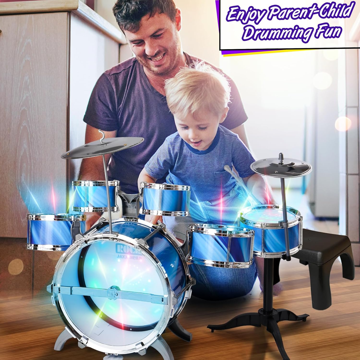 Juego de batería para niños pequeños de 1 a 3 años con silla mejorada, juego de batería para niños de 3 a 5 años, juguetes musicales para niños y