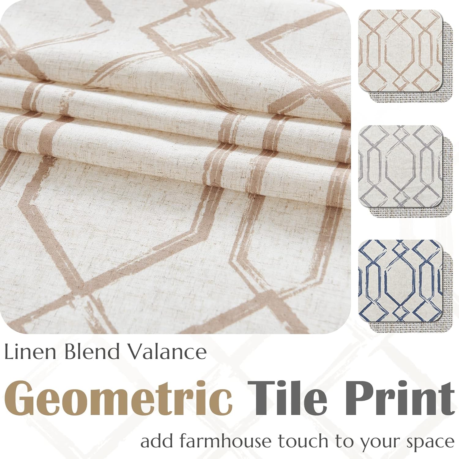 jinchan Cenefa de lino con estampado de azulejos marroquíes para ventanas, cenefa de diamante para sala de estar, cenefa geométrica opaca de doble