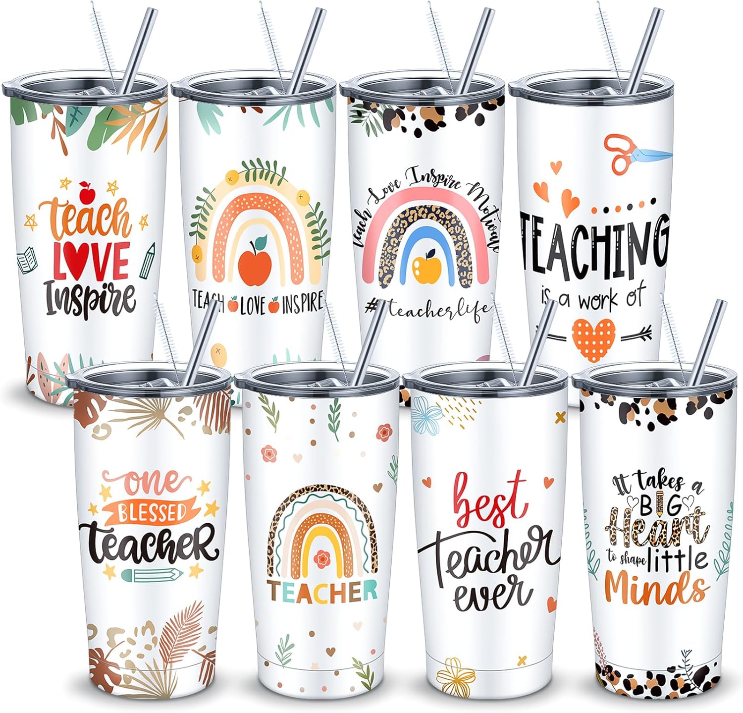 Paquete de 8 vasos de acero inoxidable de 20 onzas, regalos para profesores de estudiantes, adecuados para mujeres, tazas de agradecimiento, ideas
