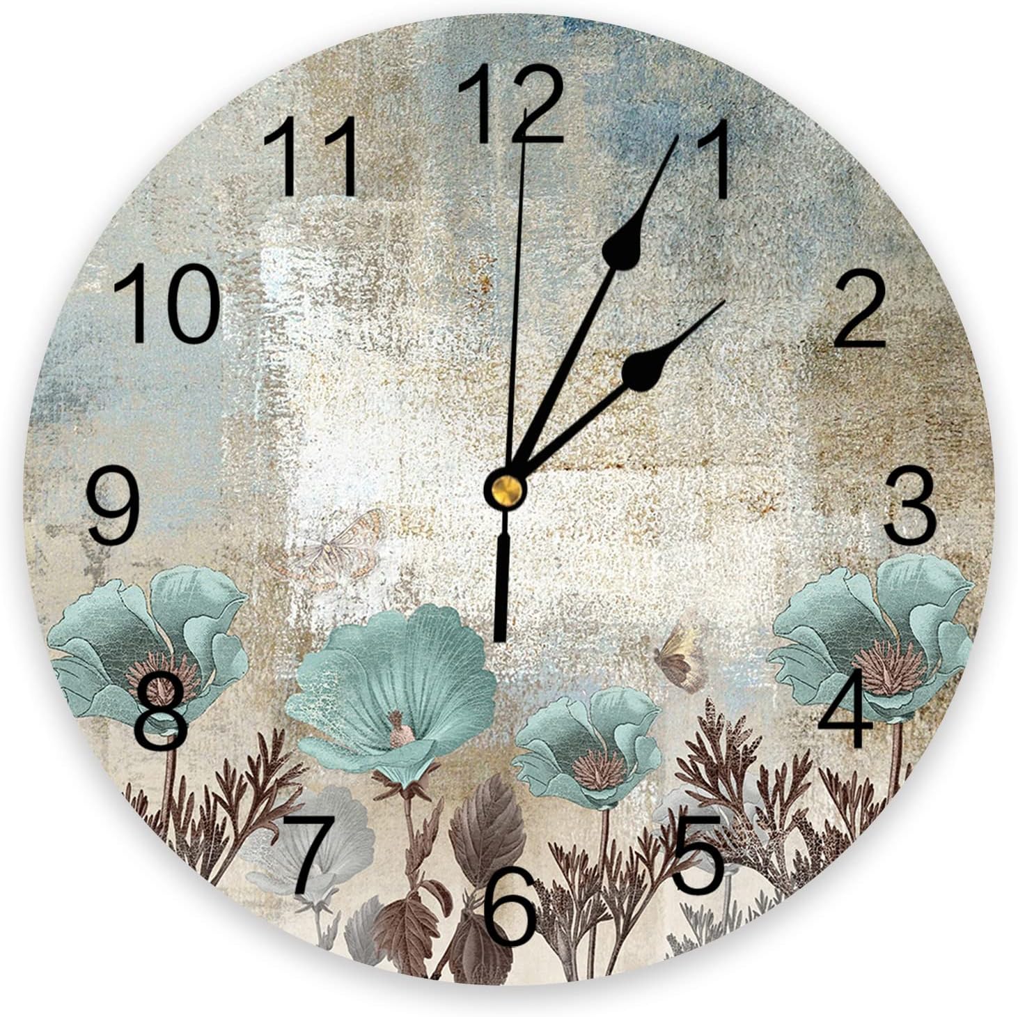 12 Inch Wall Clock Non-Ticking Silent Battery Operated Abstract Art Vintage Texture Teal Flowers Round PVC Wall Clock Decorative for