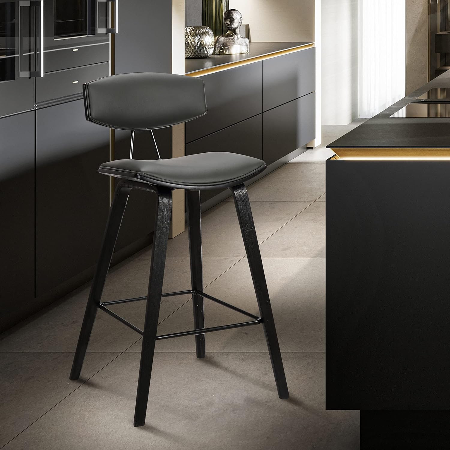 Armen Living Fox – Taburete de bar moderno de mediados de siglo de piel sintética gris y madera negra de 25.5 pulgadas