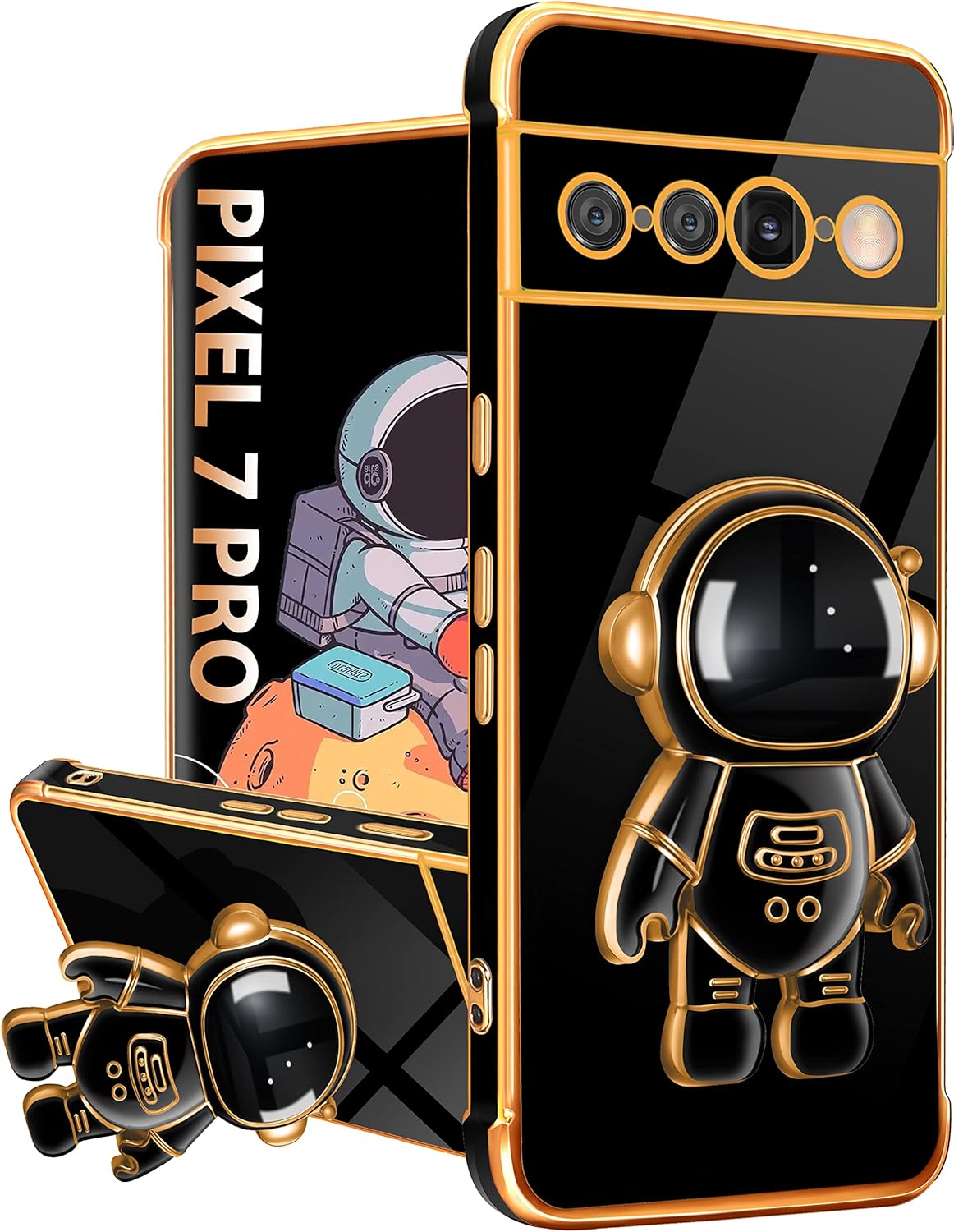 Funda para Pixel 7 Pro con soporte de astronauta lindo Pixel 7 Pro para mujeres y niñas, diseño de corazón de amor femenino chapado en oro 6D con