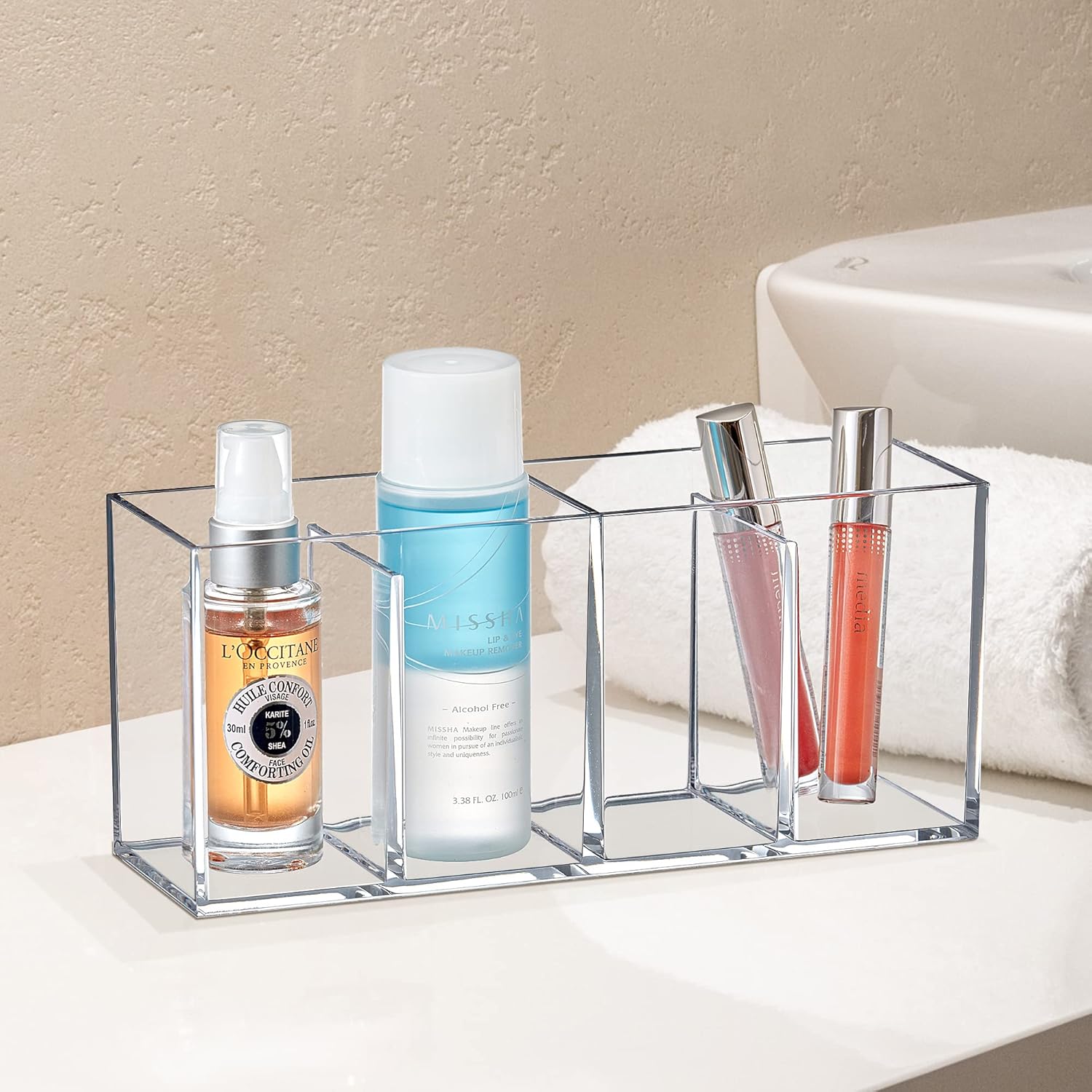 Amazing Abby – Glamour – Paquete de 2 organizadores de maquillaje acrílicos de 4 compartimentos, soporte para brochas de maquillaje de plástico