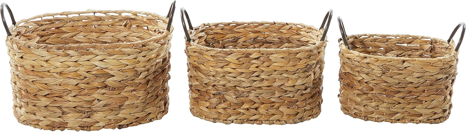 Deco 79 Cesta de almacenamiento ovalada de metal con asas de metal, juego de 3 16 pulgadas, 13 pulgadas, 11 pulgadas de ancho, marrón