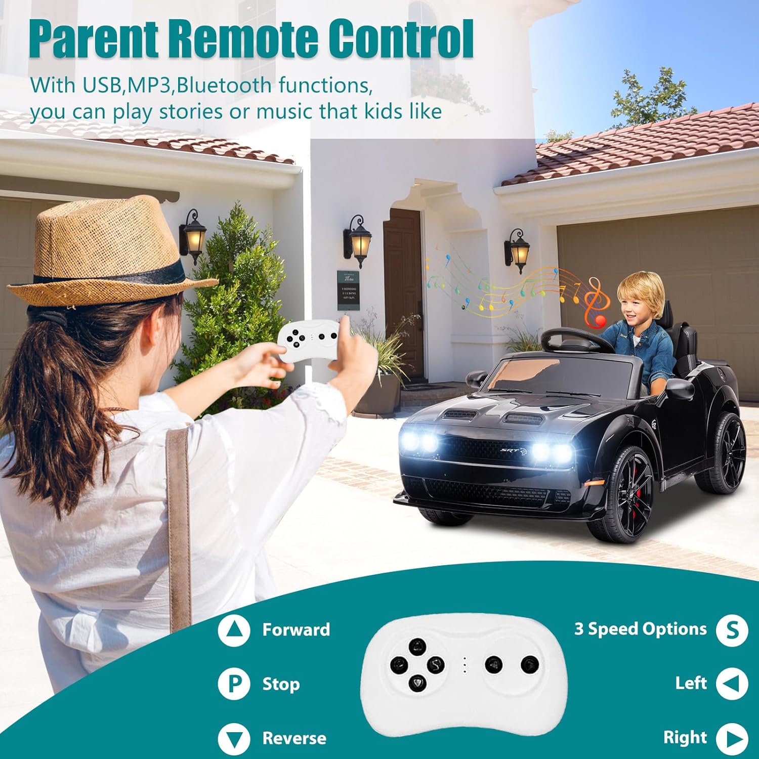 SEGMART Dodge Kids Ride on Car, vehículo eléctrico de 12 V para niños con control remoto, luz LED, MP3 y Bluetooth, sistema de suspensión (negro)