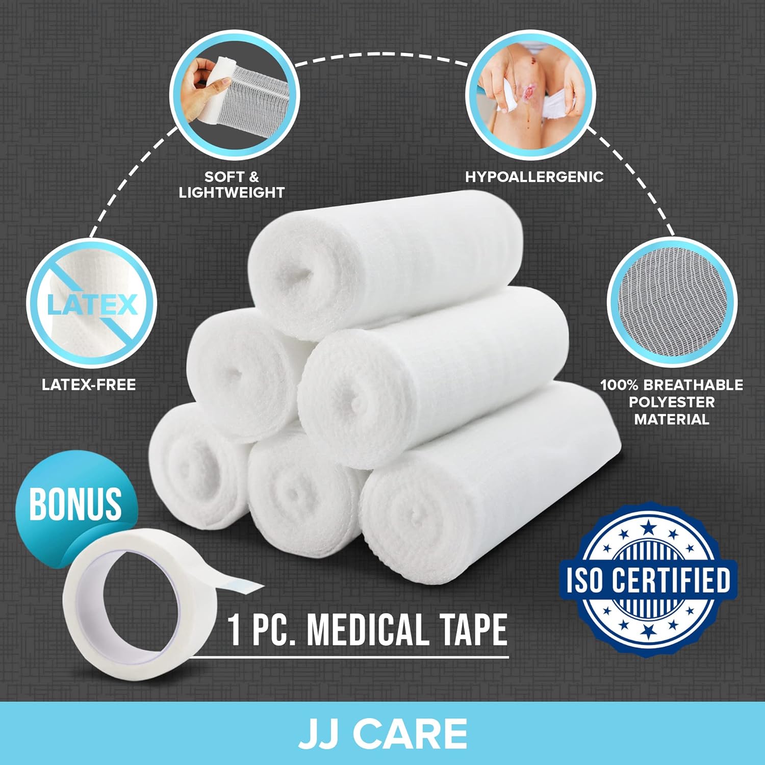 JJ CARE Paquete de 24 rollos de gasa envueltos individualmente, con cinta médica adicional, 4 pulgadas x 4.1 yardas, rollos de gasa enrollada, sin