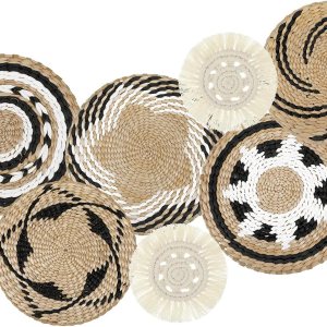 Glenmal Juego de 7 cestas de pared bohemias tejidas con diseño de junco, decoración de pared de ratán bohemio, decoración de pared rústica, hecha a Glenmal Juego de 7 cestas de pared bohemias tejidas con diseño de junco, decoración de pared de ratán bohemio, decoración de pared rústica, hecha a