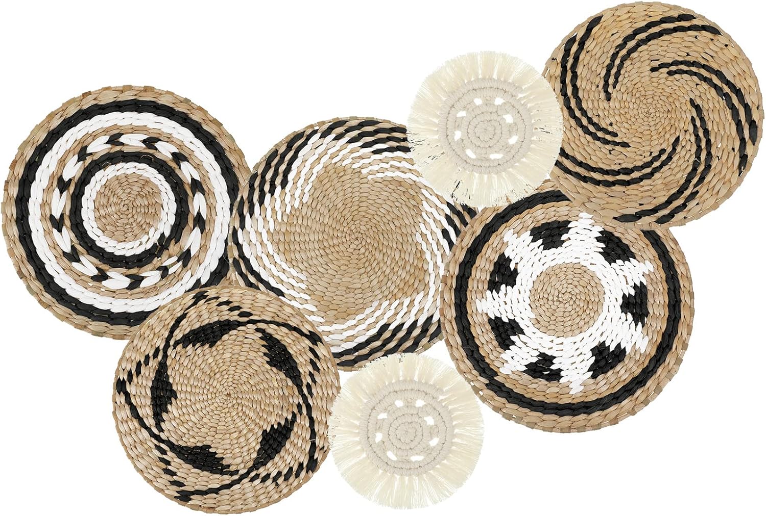 Glenmal Juego de 7 cestas de pared bohemias tejidas con diseño de junco, decoración de pared de ratán bohemio, decoración de pared rústica, hecha a