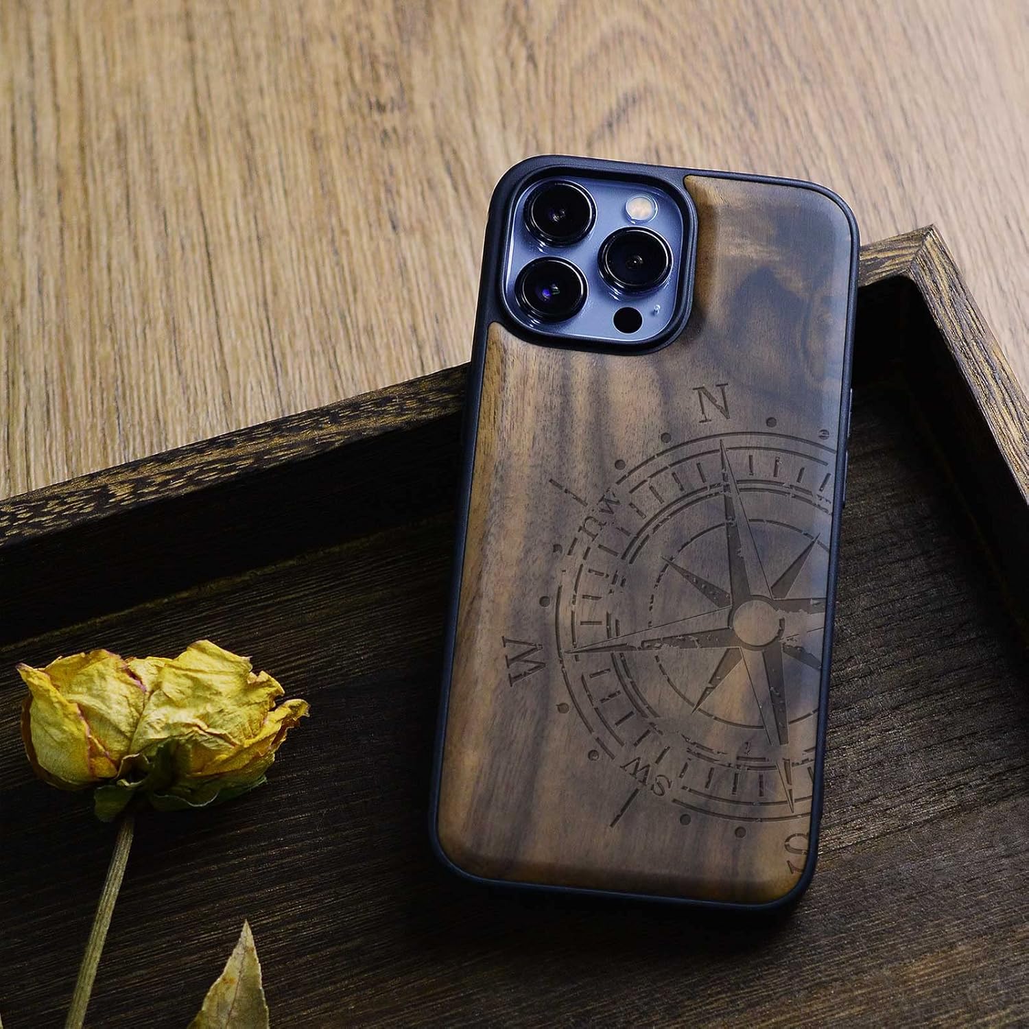Carveit Funda magnética de madera para iPhone 13 Pro Max madera real dura y TPU suave a prueba de golpes, funda protectora híbrida única y elegante