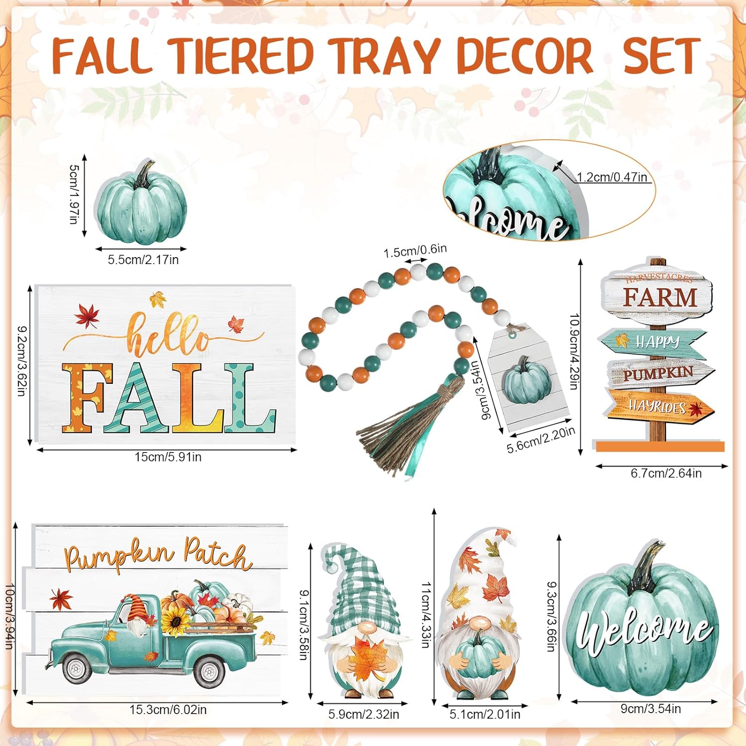 Soaoo Juego de 12 piezas de decoración de bandejas escalonadas de madera con texto en inglés “Hello Fall Pumpkin Gnomo”, letreros para otoño,