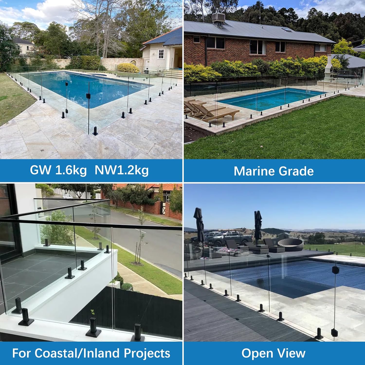 LukLoy SS2205 – Espiga de vidrio para valla de piscina de grado marino, soporte de abrazadera de barandilla de vidrio negro mate para barandilla de