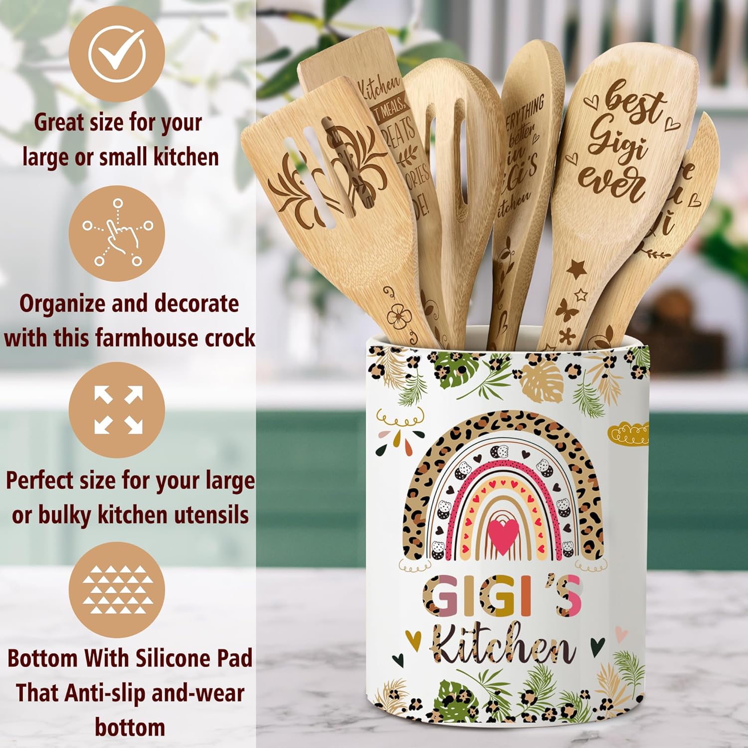 Gigi Gifts – Soporte para utensilios de cerámica para cocinar con cucharas de madera, regalos del día de la madre para Gigi de nietos, regalos de